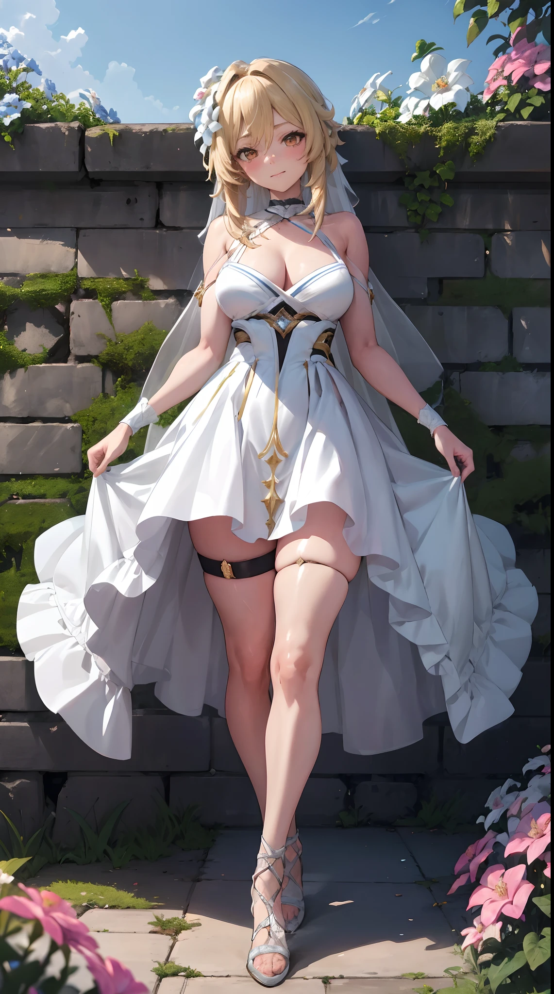 Lumine | genshin impact, master-piece, bestquality, 1girls,25 years old, proportional body, proportional., long-haired, Wedding Dresses, White Wedding Dress, Long skirt, mediuml breasts, ,bara, choker, Standing in the middle of a flower garden, outdoor, The sky is beautiful, arm behind back, against wall, View viewers from the front., Thigh strap, Head tilt, bored, 10, 10, HD, slight smile,