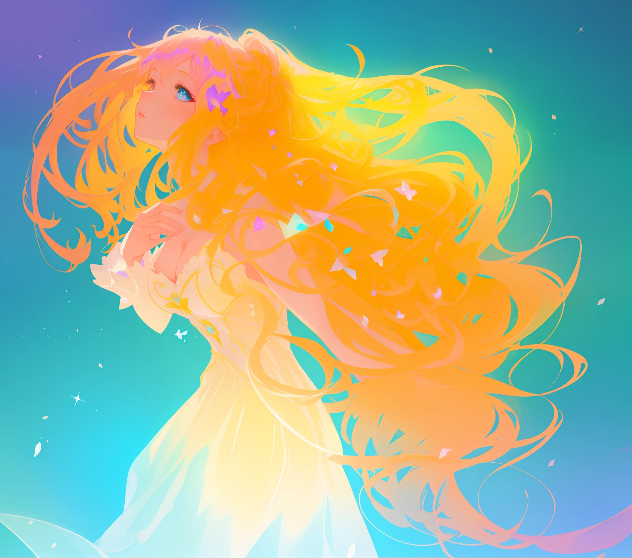 beautiful girl, flowing white gown, vibrant pastel colors, (colorful), magical lights, long flowing golden hair, inspired by Glen Keane, inspired by Lois van Baarle, disney art style, by Lois van Baarle, glowing aura around her, by Glen Keane, jen bartel, glowing lights! digital painting, flowing glowing hair, glowing flowing hair, beautiful digital illustration, fantasia background, whimsical, magical, fantasy, beautiful face, ((masterpiece, best quality)), intricate details, highly detailed, sharp focus, 8k resolution, sparkling detailed eyes, liquid watercolor