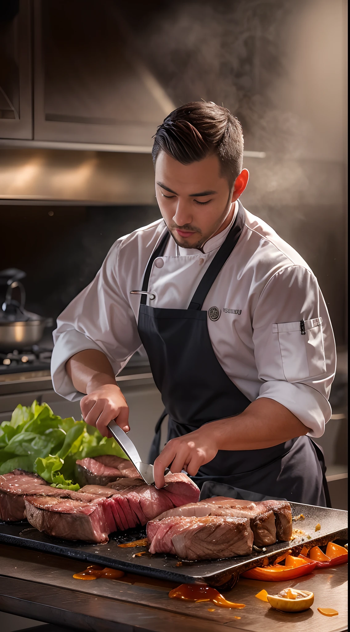 beautiful young Chef slicing thick juicy Steak on Hotplate with Lettuce leafs surrounding table, photorealistic, hyperrealism, professional photography, DSLR, HDR, specular highlights, dimensional impasto, ray tracing, surreal, ethereal, magical, mysterious, ultra detailed surroundings
