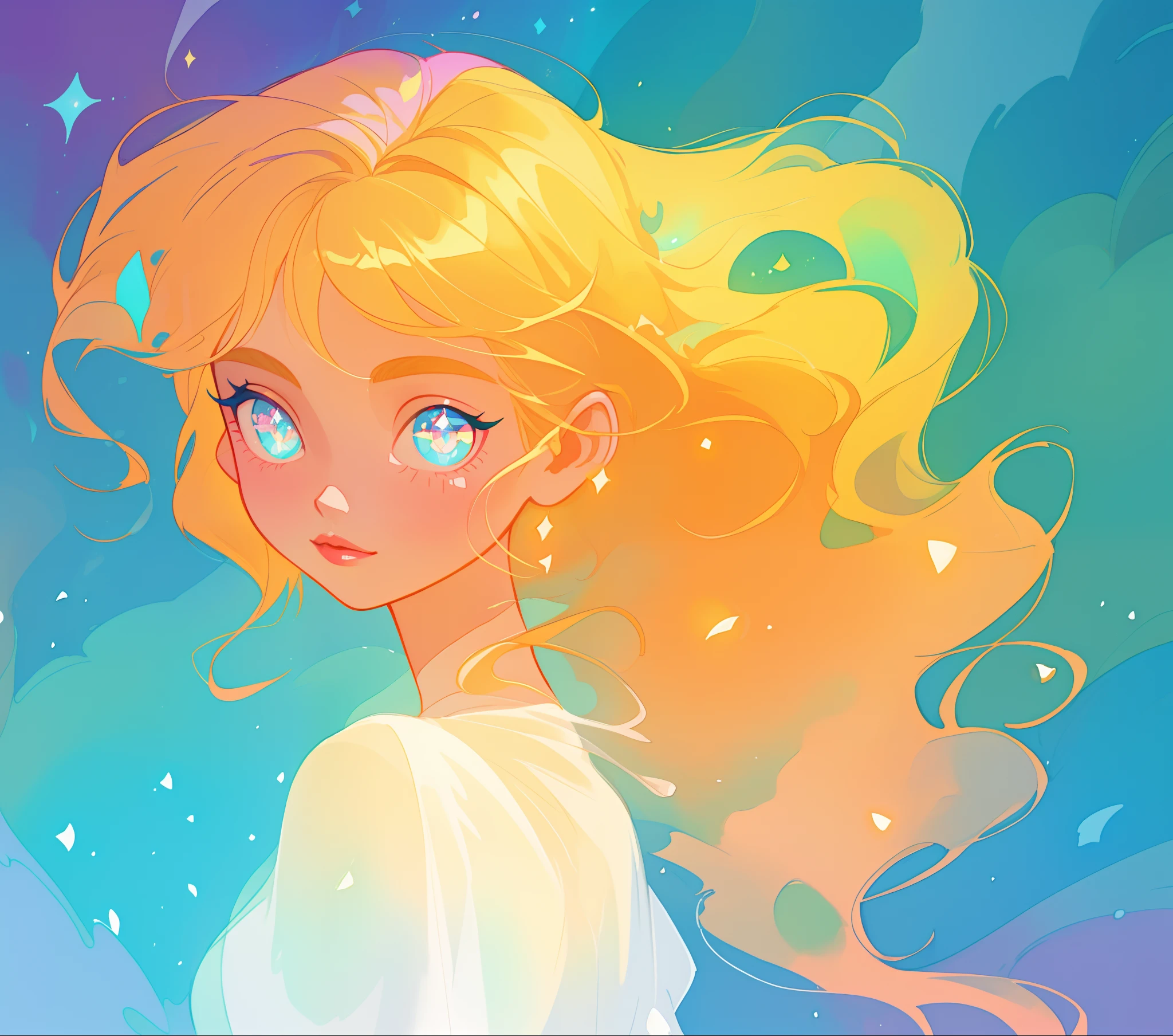 beautiful girl, flowing white gown, vibrant pastel colors, (colorful), magical lights, long flowing golden hair, inspired by Glen Keane, inspired by Lois van Baarle, disney art style, by Lois van Baarle, glowing aura around her, by Glen Keane, jen bartel, glowing lights! digital painting, flowing glowing hair, glowing flowing hair, beautiful digital illustration, fantasia background, whimsical, magical, fantasy, beautiful face, ((masterpiece, best quality)), intricate details, highly detailed, sharp focus, 8k resolution, sparkling detailed eyes, liquid watercolor