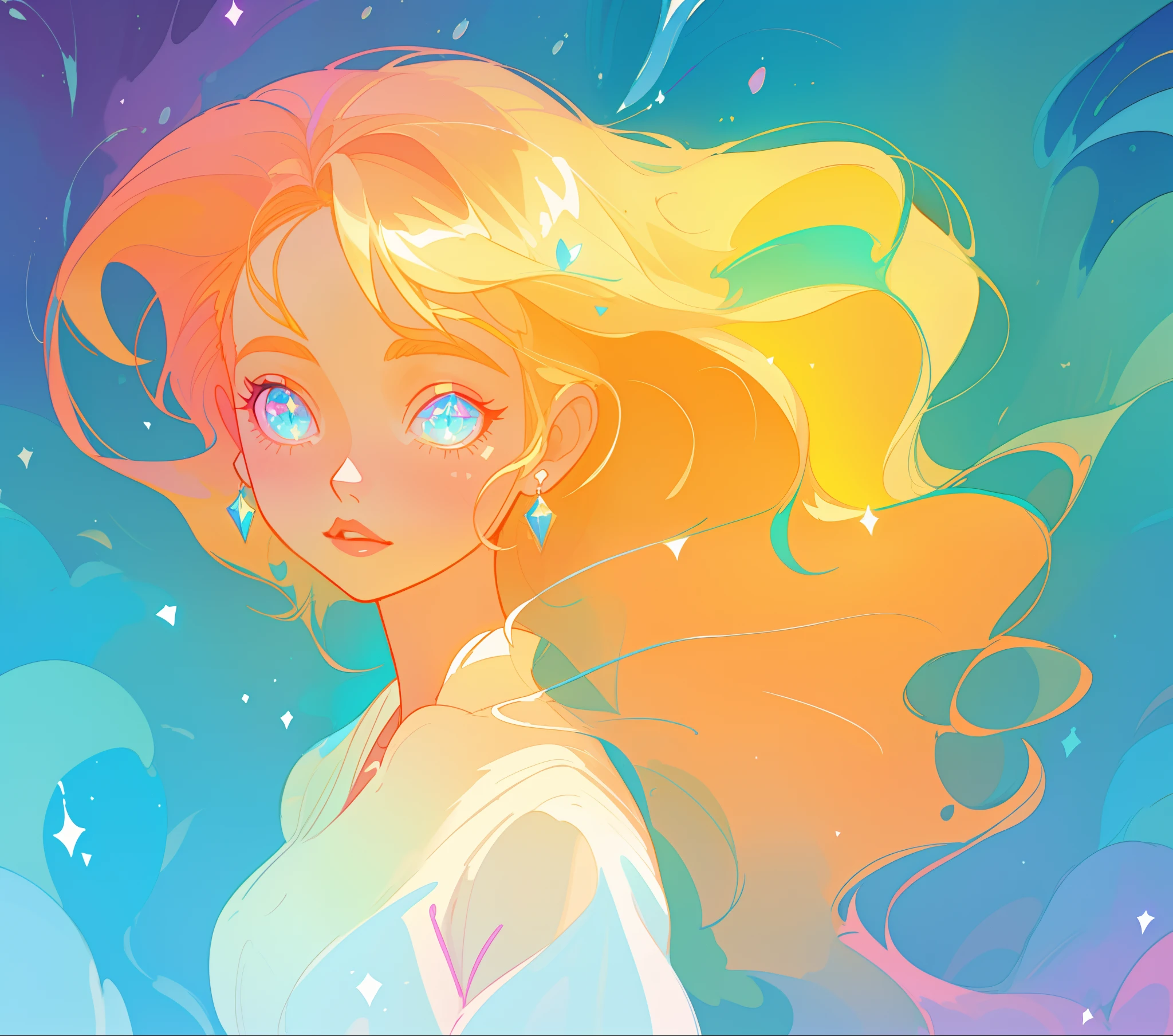 beautiful girl, flowing white gown, vibrant pastel colors, (colorful), magical lights, long flowing golden hair, inspired by Glen Keane, inspired by Lois van Baarle, disney art style, by Lois van Baarle, glowing aura around her, by Glen Keane, jen bartel, glowing lights! digital painting, flowing glowing hair, glowing flowing hair, beautiful digital illustration, fantasia background, whimsical, magical, fantasy, beautiful face, ((masterpiece, best quality)), intricate details, highly detailed, sharp focus, 8k resolution, sparkling detailed eyes, liquid watercolor