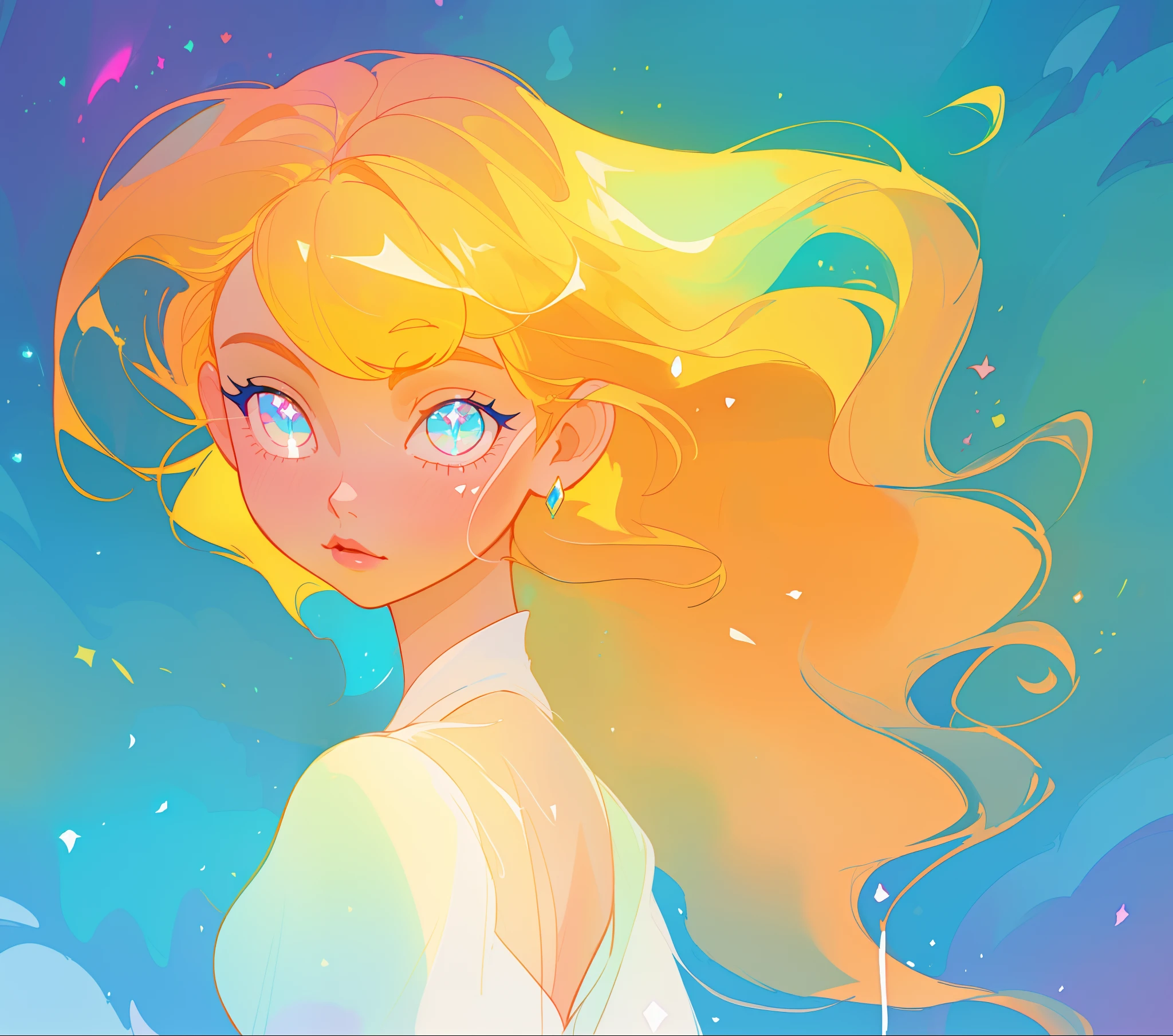 beautiful girl, flowing white gown, vibrant pastel colors, (colorful), magical lights, long flowing golden hair, inspired by Glen Keane, inspired by Lois van Baarle, disney art style, by Lois van Baarle, glowing aura around her, by Glen Keane, jen bartel, glowing lights! digital painting, flowing glowing hair, glowing flowing hair, beautiful digital illustration, fantasia background, whimsical, magical, fantasy, beautiful face, ((masterpiece, best quality)), intricate details, highly detailed, sharp focus, 8k resolution, sparkling detailed eyes, liquid watercolor
