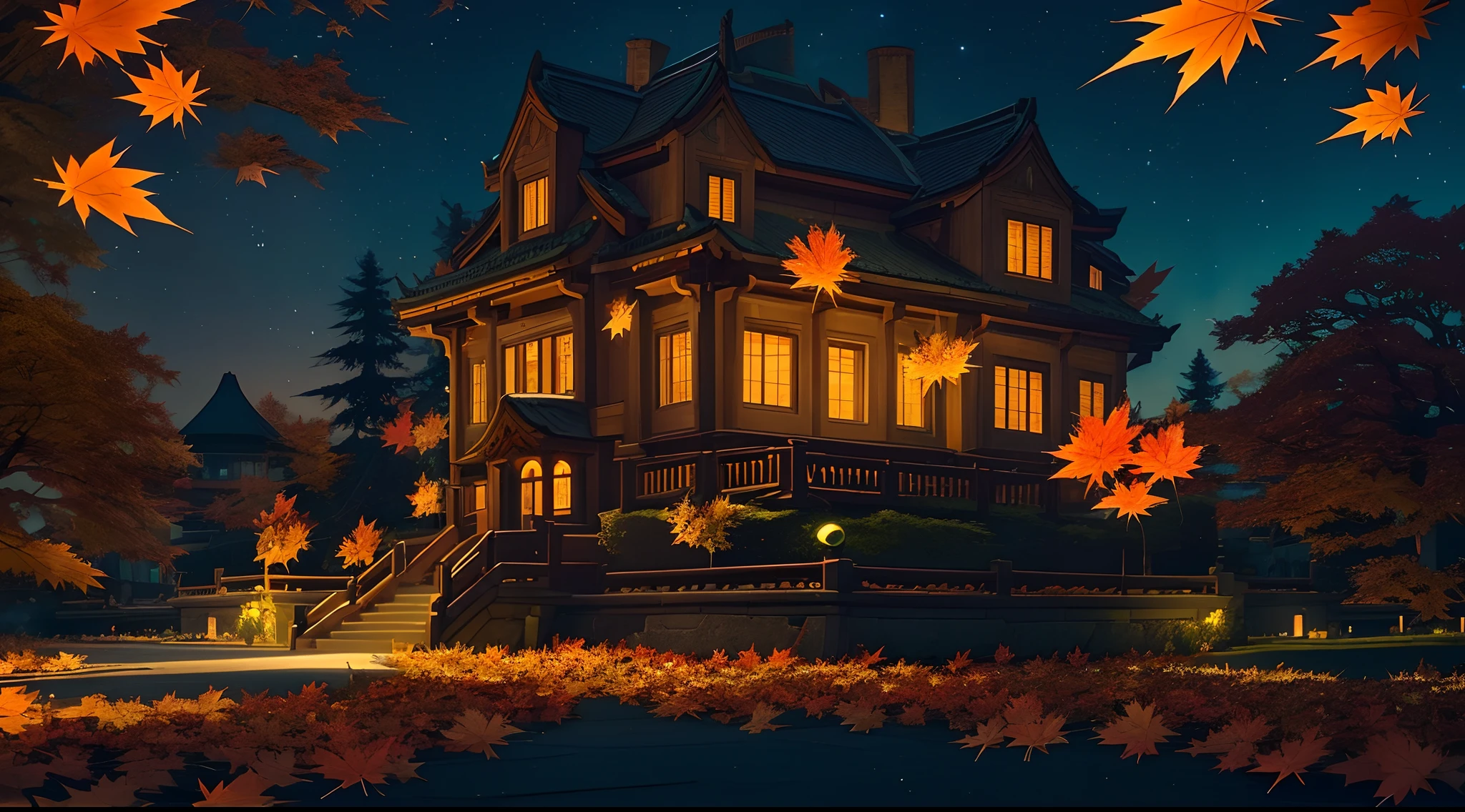 In a bioluminescent and luminous artistic interpretation, create a captivating vision of a majestic building taking the form of (maple leaves:1.5). Let the vibrant glow emanating from its structure breathe life into the night sky, as if the leaves themselves are an enchanted source of ethereal light and mystery.