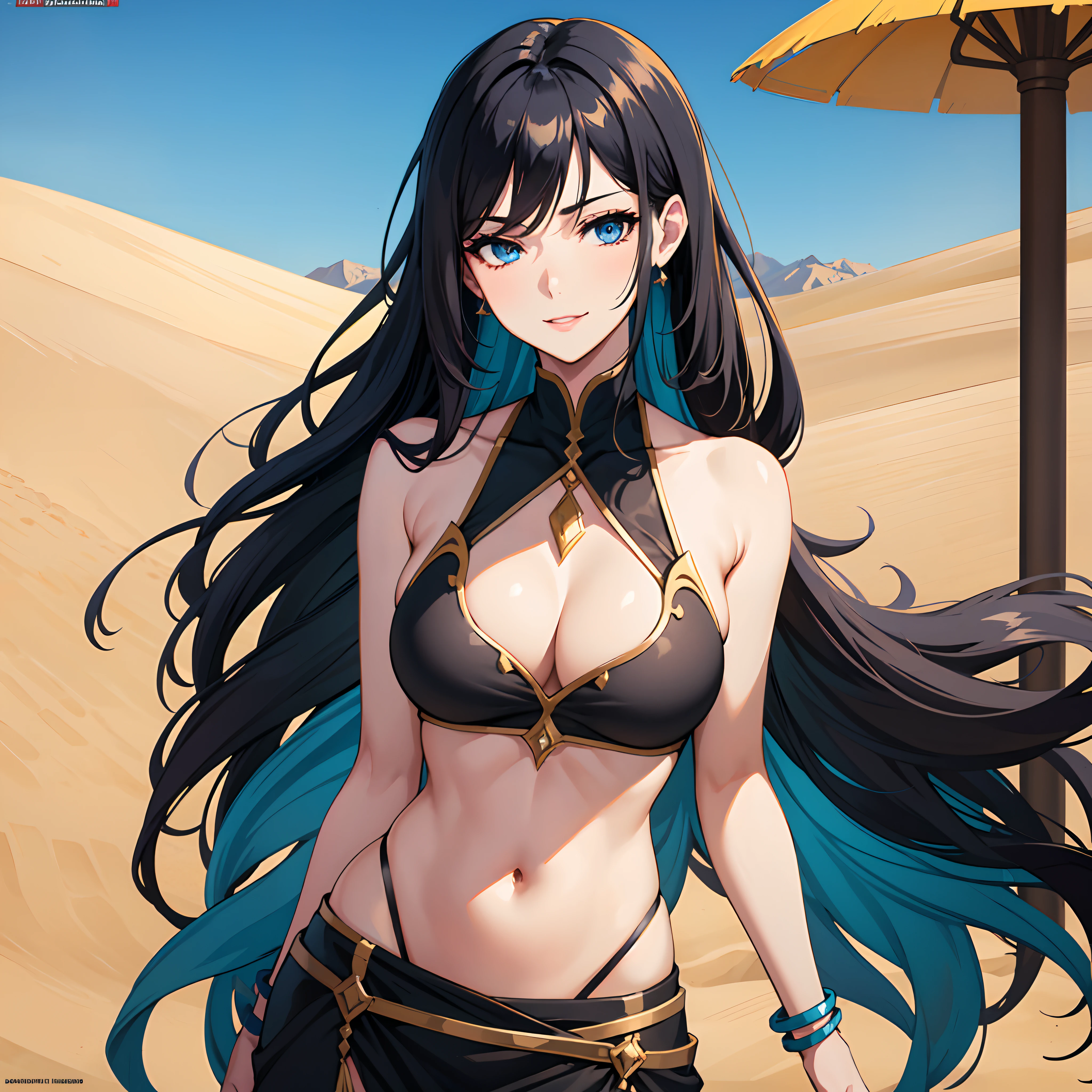 Dynamic pose, dancing, 1 girl, belly dancer outfit, long black hair, hourglass body, vibrant colors, slight smile, desert background, blue sky, detailed eyes, , pretty , pretty woman , mature woman, ultra detailed, masterpiece, wallpaper, best quality, sexy, posing, skinny, smooth animation style, standing, dynamic pose