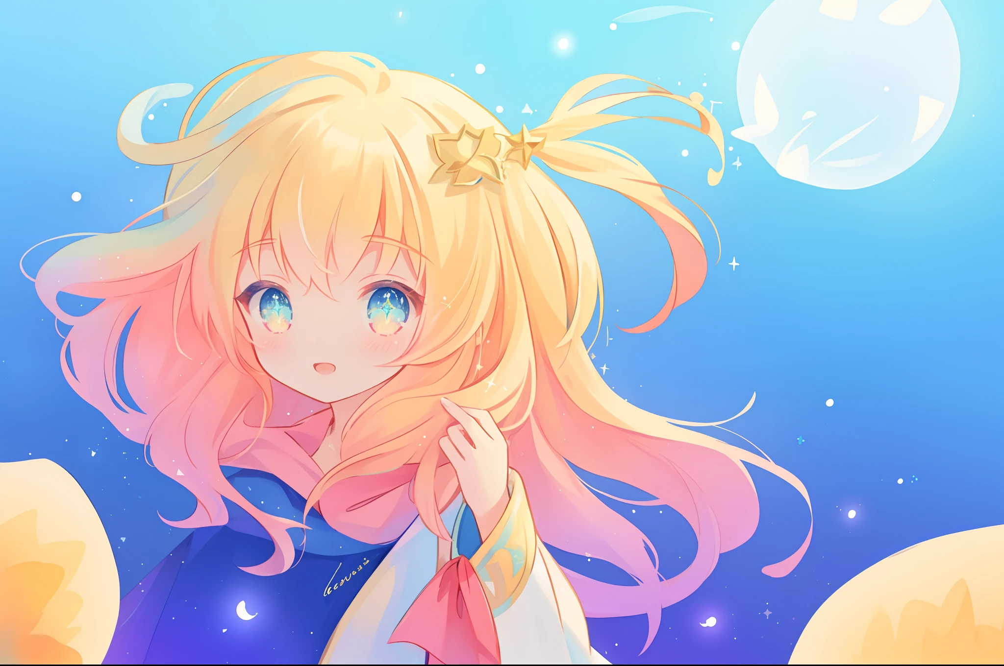 beautiful girl, flowing white dress, vibrant pastel colors, (colorful), magical lights, long flowing golden hair, inspired by Glen Keane, inspired by Lois van Baarle, disney art style, by Lois van Baarle, glowing aura around her, by Glen Keane, jen bartel, glowing lights! digital painting, flowing glowing hair, glowing flowing hair, beautiful digital illustration, fantasia background, whimsical, magical, fantasy, beautiful face, ((masterpiece, best quality)), intricate details, highly detailed, sharp focus, 8k resolution, sparkling detailed eyes, liquid watercolor