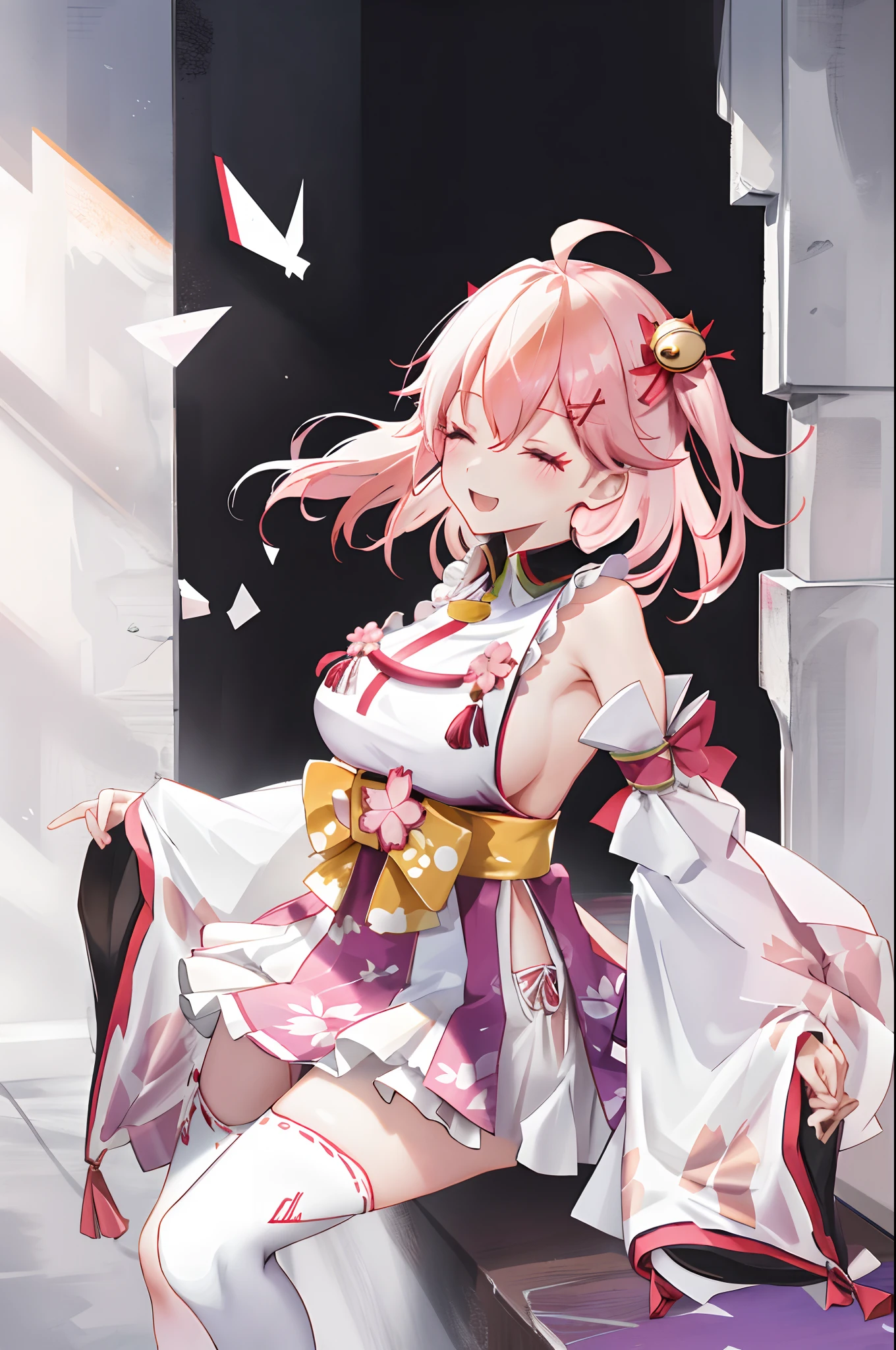 masterpiece, best quality, highres, miko1, sakura_miko, 1girl, big_boobs, solo, ahoge, x_hair_ornament, pink_hair, floral print, hairclip,(side_less_clothes:1.5), (side_boobs:1.5), hair_bell, floral print, long_hair, hair between eyes, one side up, white thighhighs, asymmetrical legwear, wide sleeves, open_mouth,(happy:1.3),close_eyes,big_smile,rising_leg,plump,apart_legs,(overly_long_sleeves:1.3),(beautiful_fingers),sleeves_past_wrists,hands_hidden_sleeves,sidelock_clothes,dynamic_posing,solo,hidden_wrists,(XD:1.4),