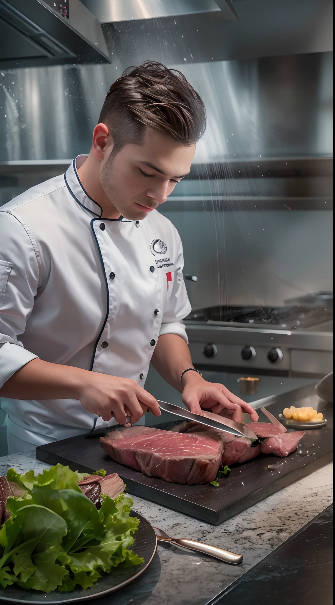 beautiful young Chef slicing thick juicy Steak on Hotplate with Lettuce leafs surrounding table, photorealistic, hyperrealism, professional photography, DSLR, HDR, specular highlights, dimensional impasto, ray tracing, surreal, ethereal, magical, mysterious, ultra detailed surroundings