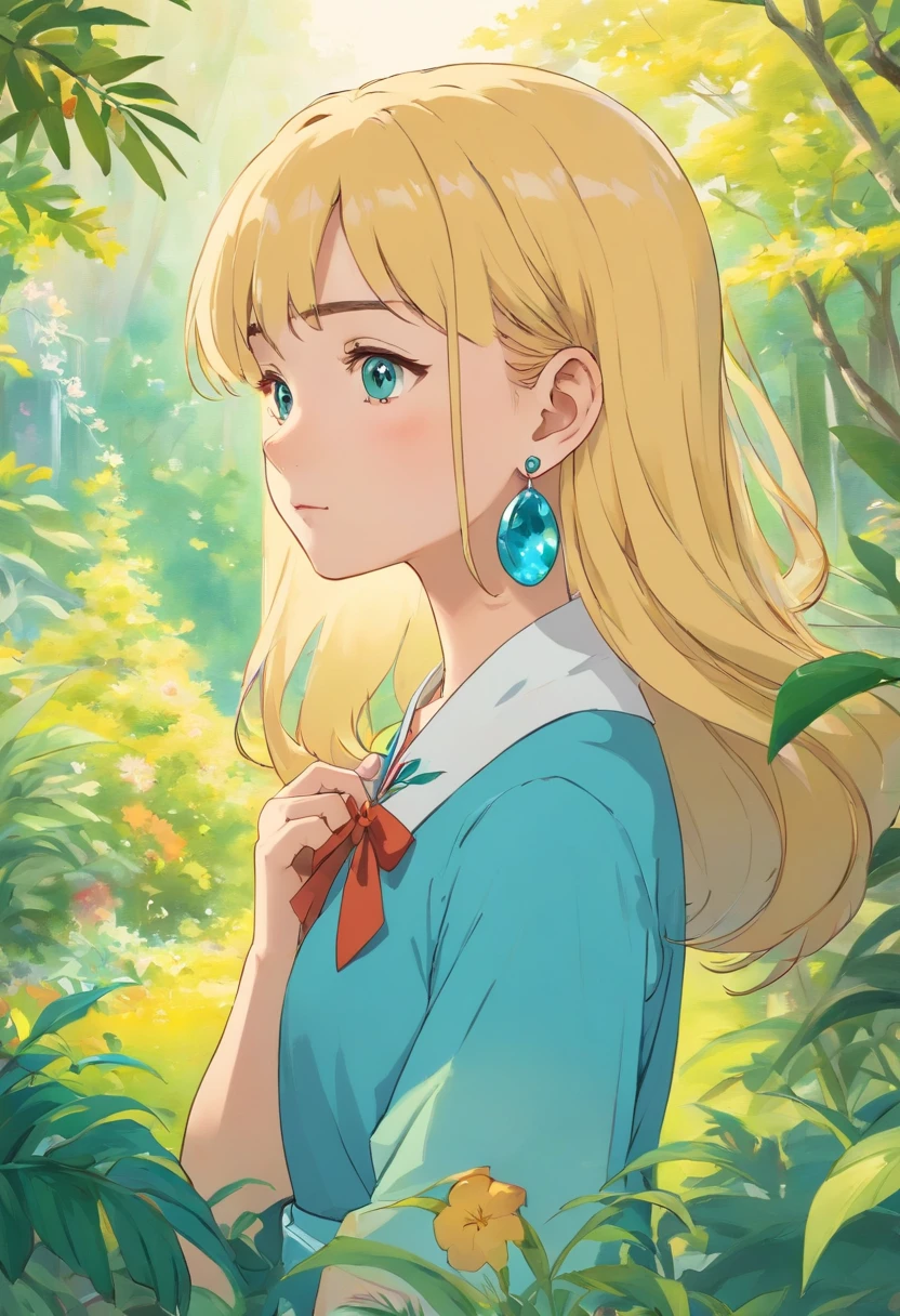 a girl wearing an anime collar, a long necklace and earrings, in the style of tranquil gardenscapes, colorful animation stills, masami teraoka, aquamarine, paul gauguin, Embry style, honest portrayal, yellow hair