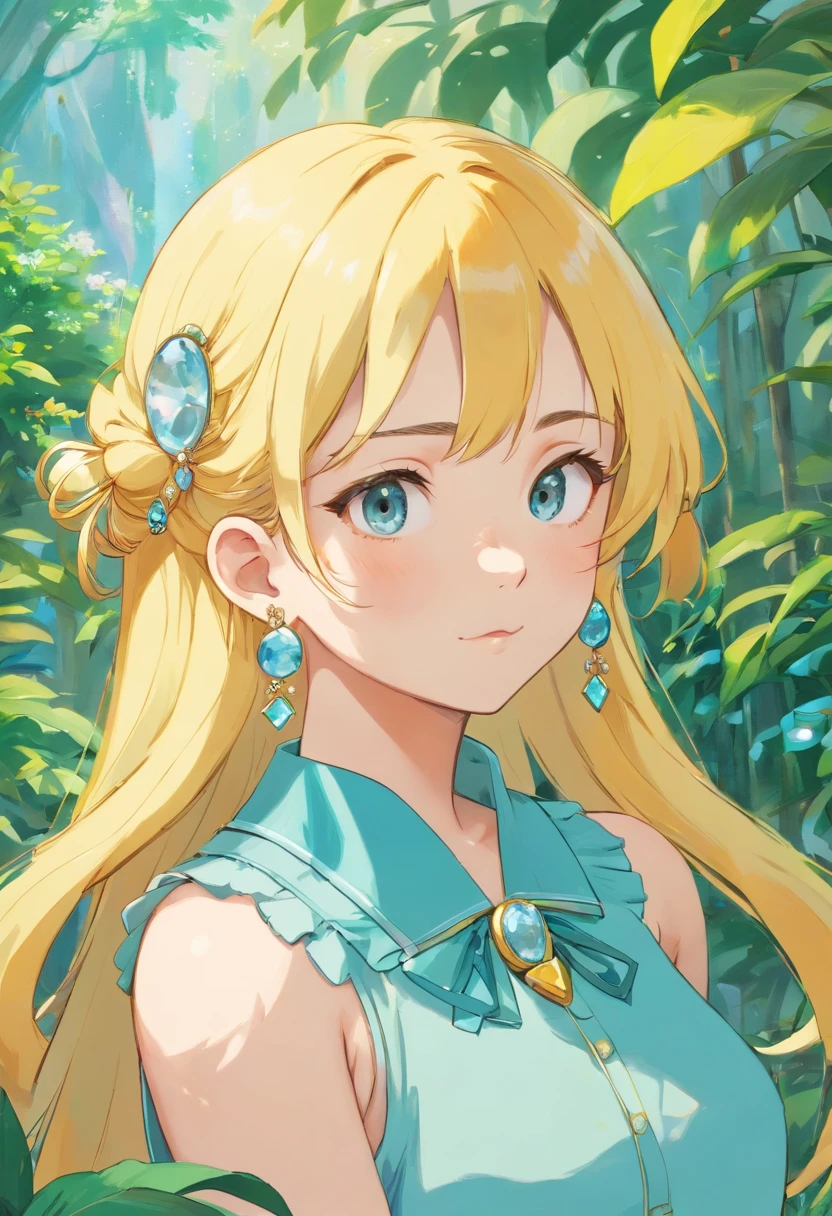 a girl wearing an anime collar, a long necklace and earrings, in the style of tranquil gardenscapes, colorful animation stills, masami teraoka, aquamarine, paul gauguin, Embry style, honest portrayal, yellow hair