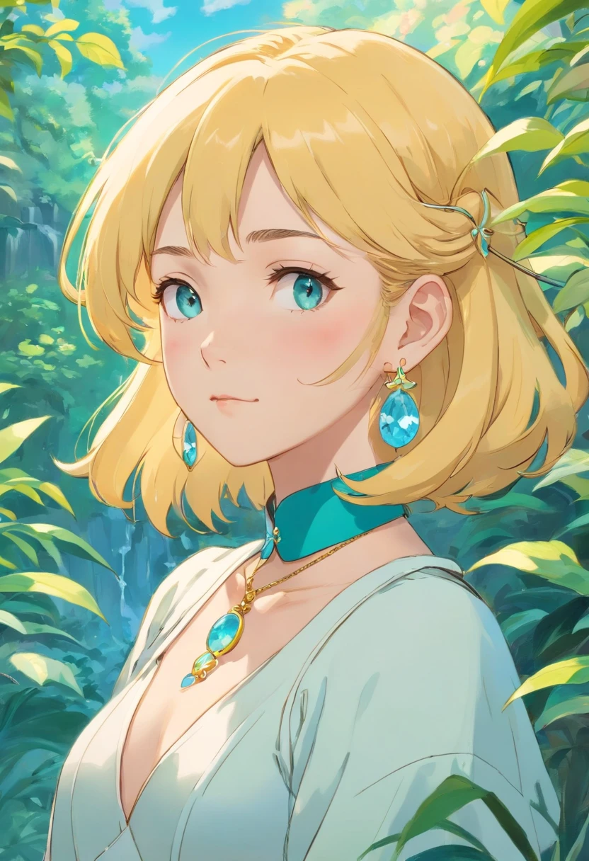 a girl wearing an anime collar, a long necklace and earrings, in the style of tranquil gardenscapes, colorful animation stills, masami teraoka, aquamarine, paul gauguin, Embry style, honest portrayal, yellow hair