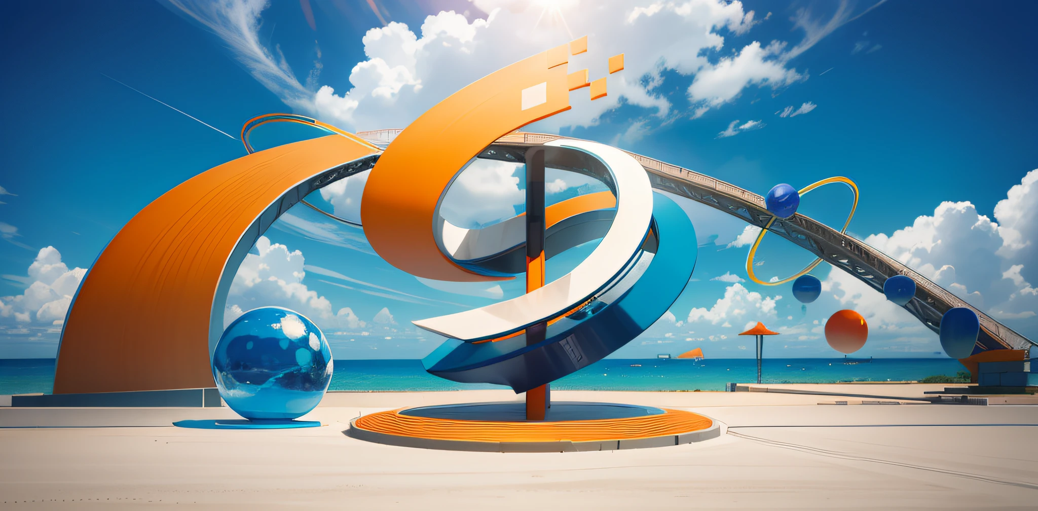 A huge blue and orange logo，It reads "Welcome to 2023". The sign is designed to welcome visitors and convey hospitality, experiment, urbanization, Realistic blue sky background, Futuristic technology, Minimalism, 8K 3D