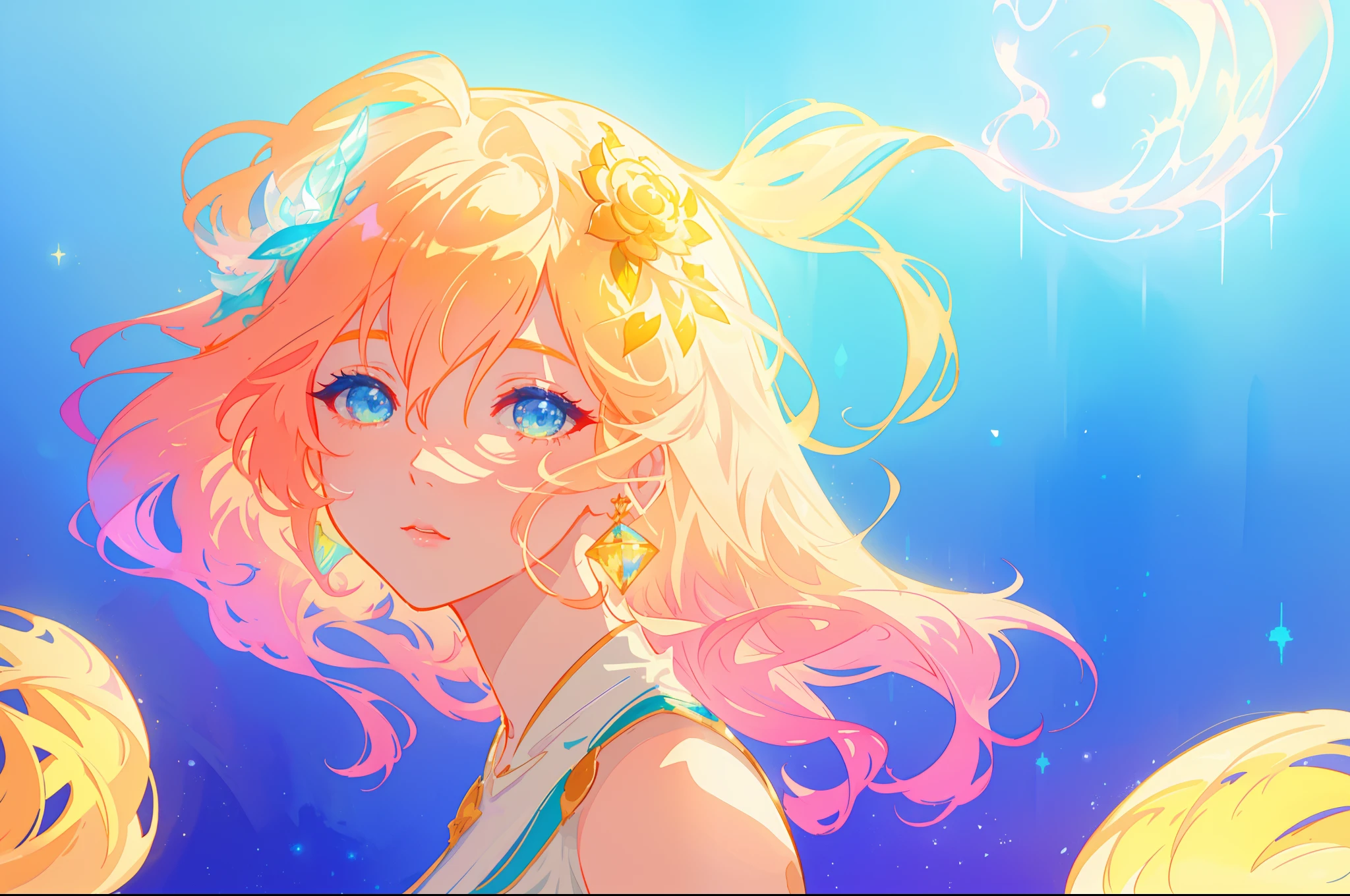 beautiful girl, flowing white dress, vibrant pastel colors, (colorful), magical lights, long flowing golden hair, inspired by Glen Keane, inspired by Lois van Baarle, disney art style, by Lois van Baarle, glowing aura around her, by Glen Keane, jen bartel, glowing lights! digital painting, flowing glowing hair, glowing flowing hair, beautiful digital illustration, fantasia background, whimsical, magical, fantasy, beautiful face, ((masterpiece, best quality)), intricate details, highly detailed, sharp focus, 8k resolution, sparkling detailed eyes, liquid watercolor