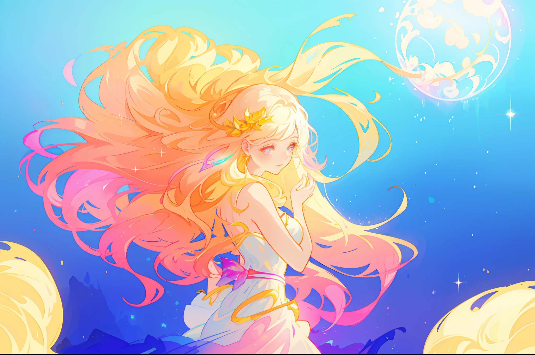beautiful girl, flowing white dress, vibrant pastel colors, (colorful), magical lights, long flowing golden hair, inspired by Glen Keane, inspired by Lois van Baarle, disney art style, by Lois van Baarle, glowing aura around her, by Glen Keane, jen bartel, glowing lights! digital painting, flowing glowing hair, glowing flowing hair, beautiful digital illustration, fantasia background, whimsical, magical, fantasy, beautiful face, ((masterpiece, best quality)), intricate details, highly detailed, sharp focus, 8k resolution, sparkling detailed eyes, liquid watercolor