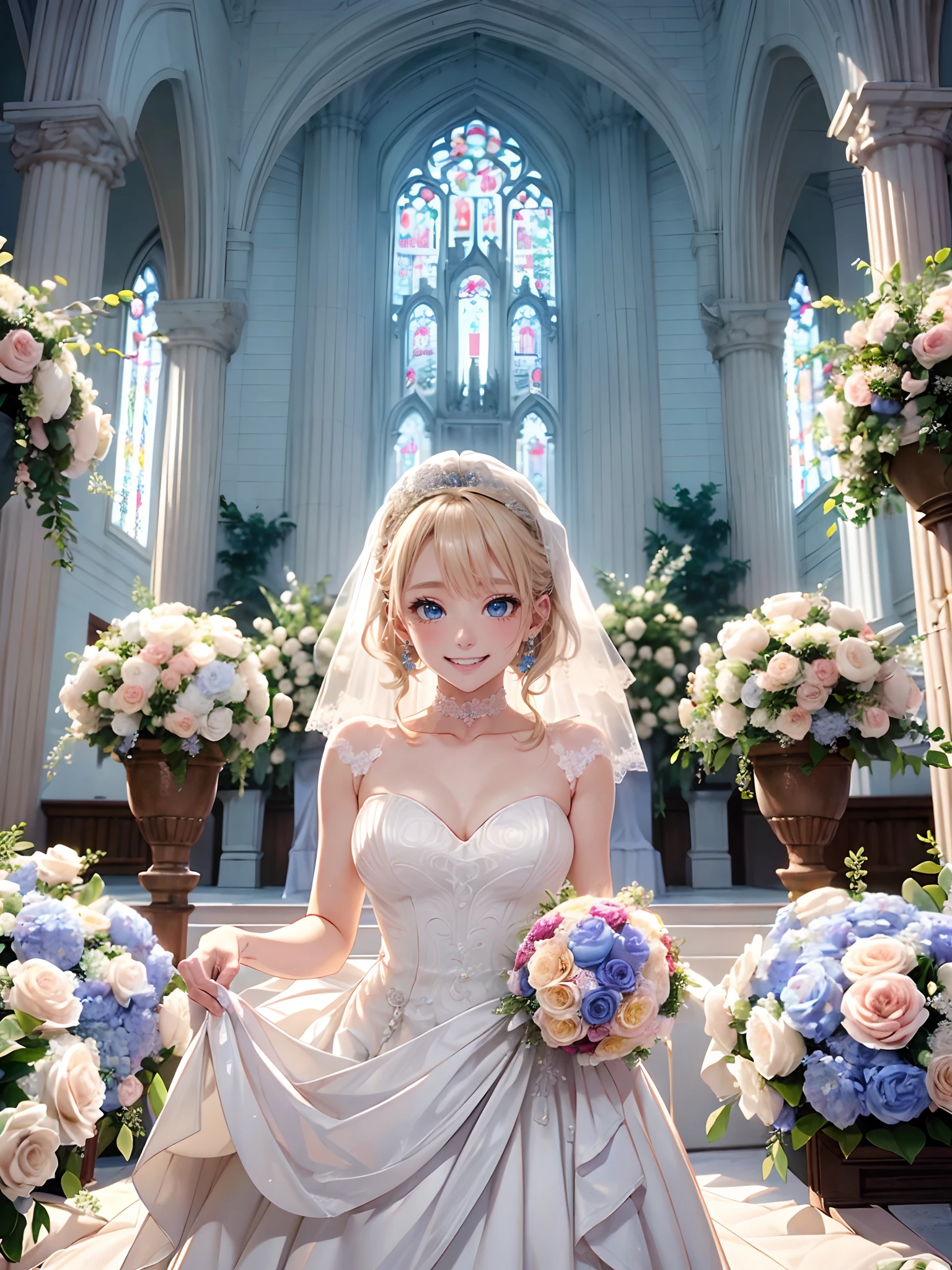 absurderes, (独奏:1.5,)ultra-detailliert,bright colour, extremely beautiful detailed anime face and eyes, view straight on, ;D, shiny_skin,25 years old, Short hair,, asymmetrical bangs, Blonde hair with short twin tails, Shiny hair, Delicate beautiful face, red blush、(Deep Blue Eyes:1.3), White skin, earrings, Beautiful skyline,(magnificent sky),(Happy smile:1.4),beautiful and delicate eyes,Cute Girly,Perfect slim body,(Hatsuko endo wedding dress:1.5),View of the church,Pure eyes,The skin is smooth like a baby,lakes,(Colorful flowers and plants:1.3),(Cowboy Shot:1.3)