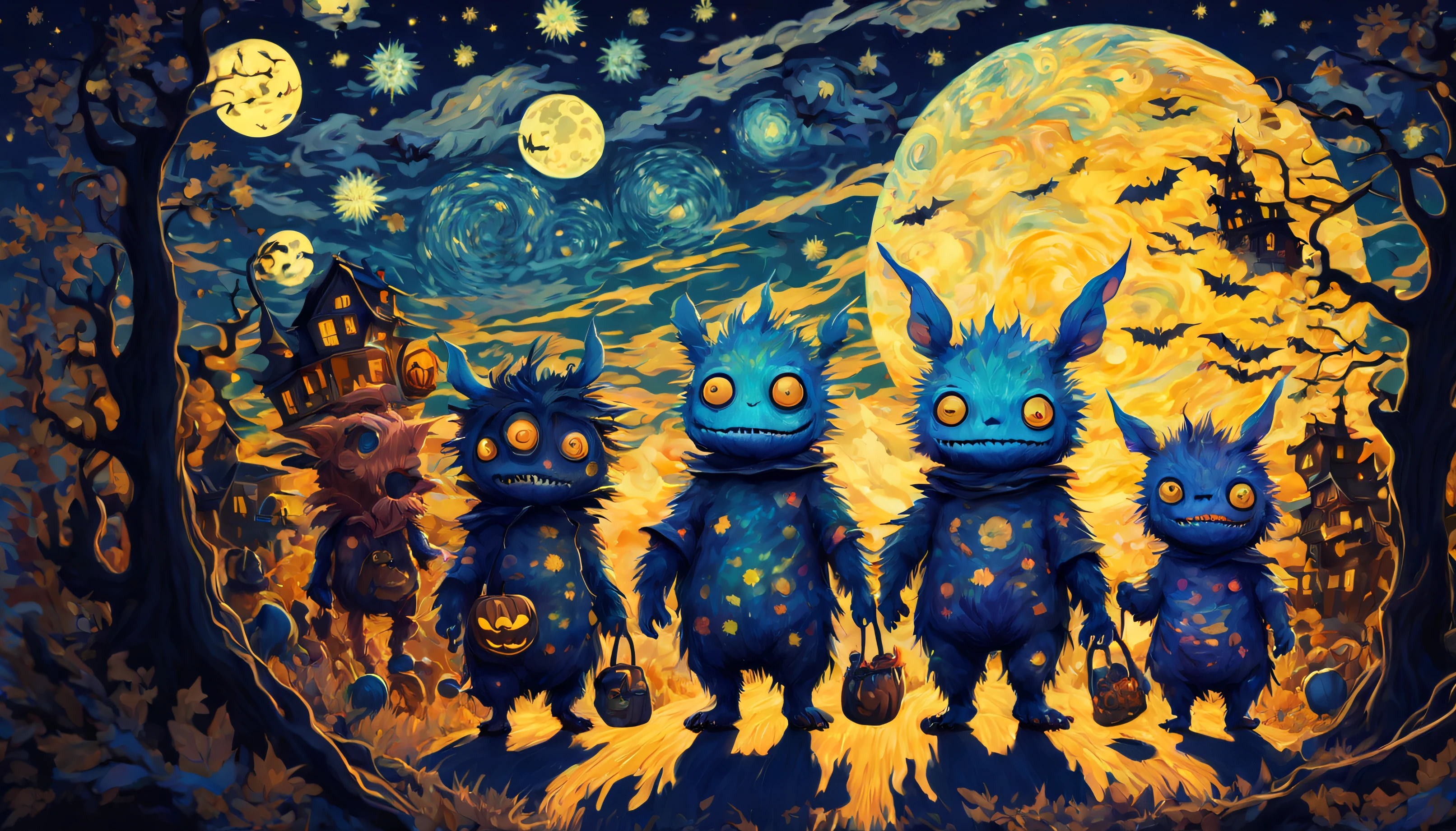 cute monsters going out to trick or treat in van gogh style starry halloween night in studio ghibli world
