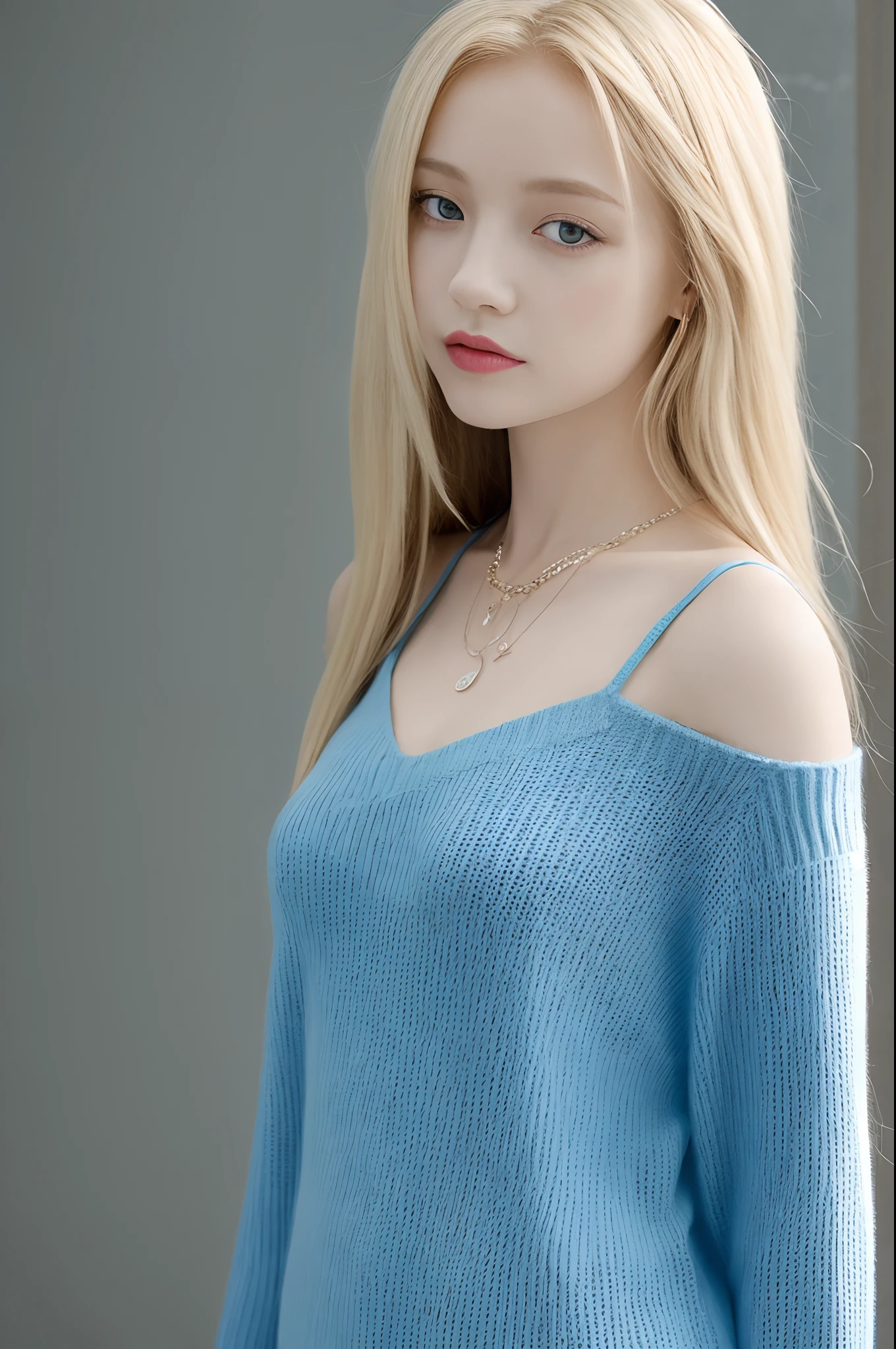1girl in, Age 19, Yui, The long-haired, Colossal tits, look at viewr, long to, Anne Odentrish, Windigue Blonde Hair, blue eyes, bare shoulders, jewely, full body Esbian, a necklace, Schulterfly, Sweaters, reallistic, A sexy