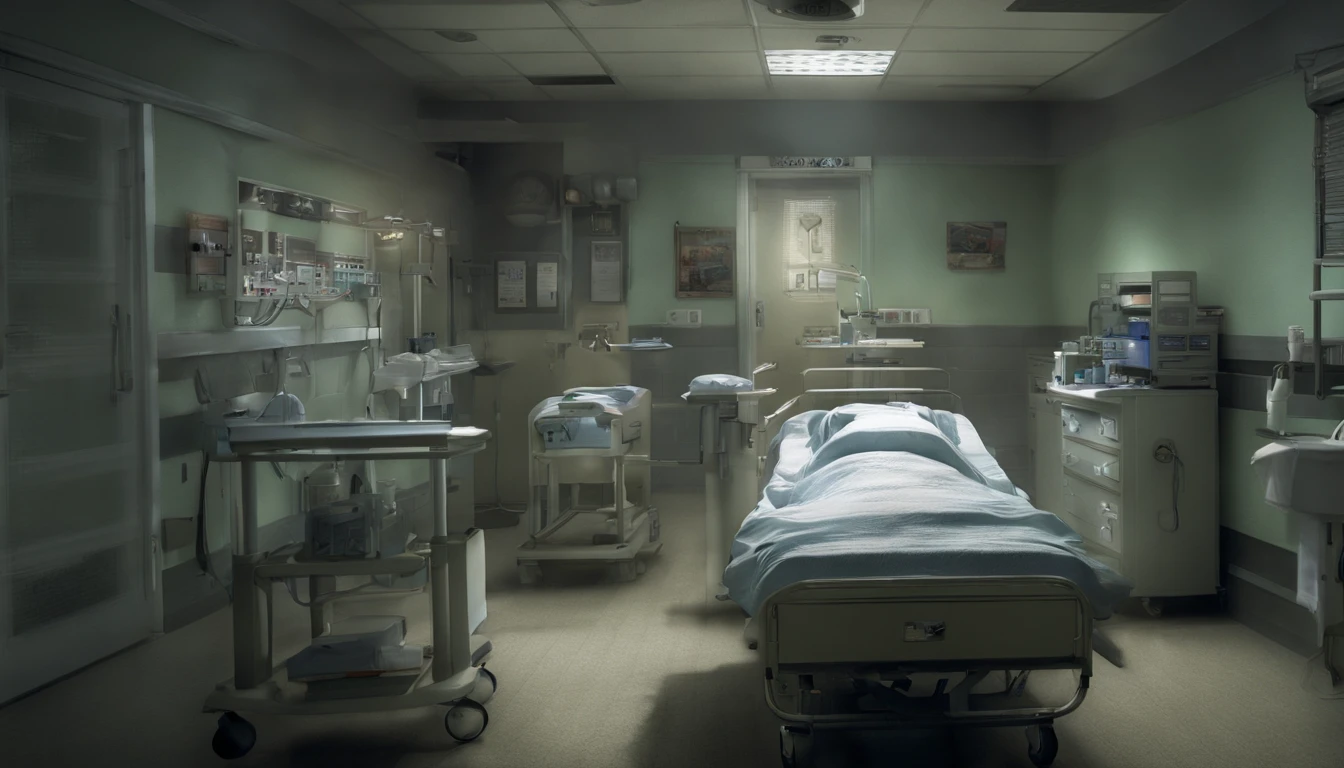 A Photograph depicts a doctor navigating a dimly lit hospital ward during the dead of night, casting eerie shadows that blend with the flickering fluorescent lights. With an atmosphere dripping in tension, capture the chilling solitude of the doctor as they confront the dark and sinister secrets hidden within the sterile walls.