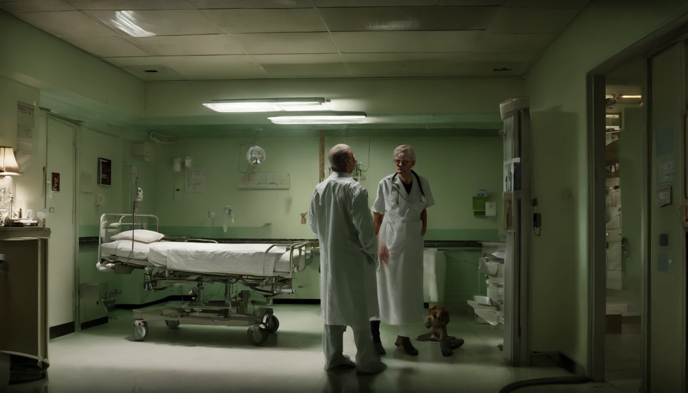 A Photograph depicts a doctor navigating a dimly lit hospital ward during the dead of night, casting eerie shadows that blend with the flickering fluorescent lights. With an atmosphere dripping in tension, capture the chilling solitude of the doctor as they confront the dark and sinister secrets hidden within the sterile walls.
