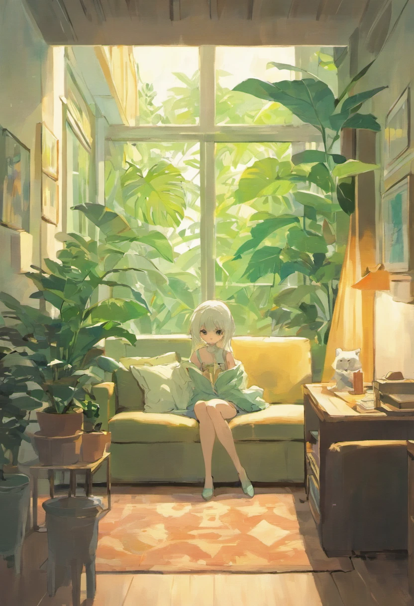 Bright living room，carding、Coffee table minimalist style，In the middle is a large pot of white monstera，MG animation style，Normal suite