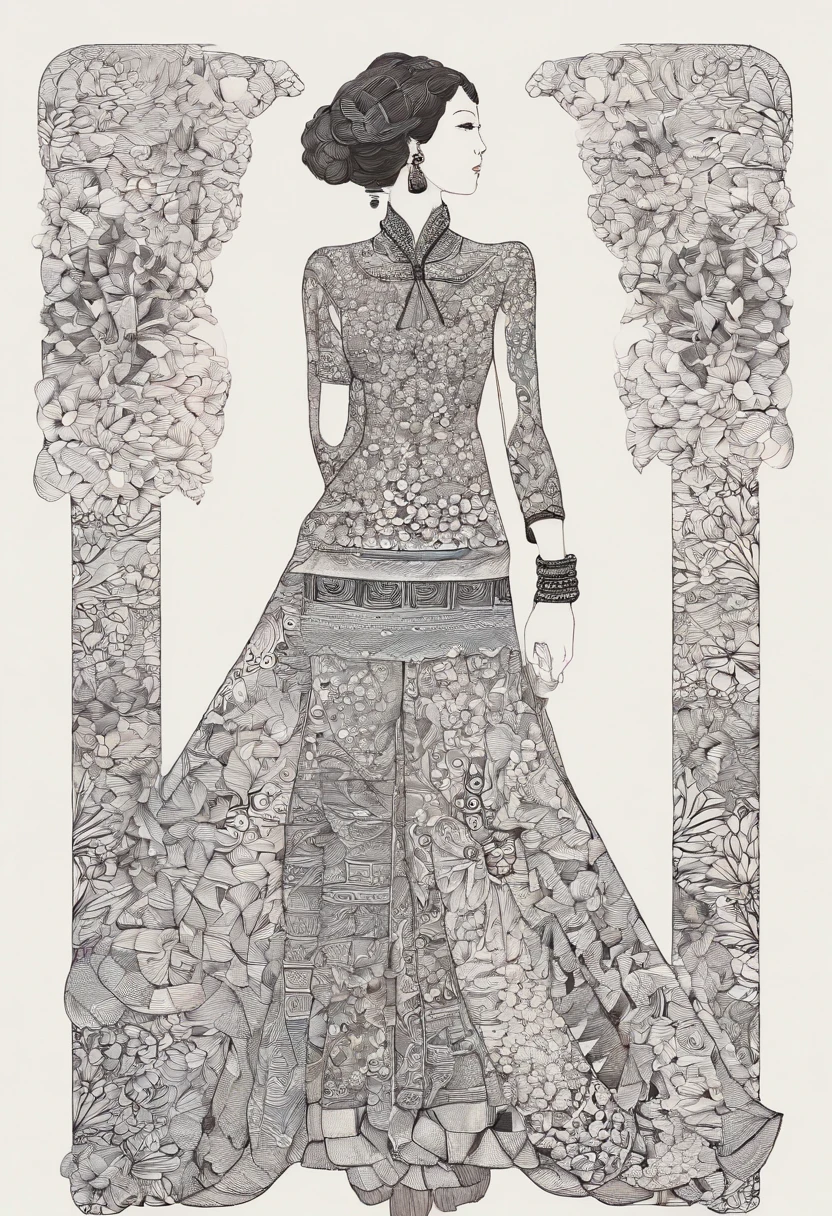 Young woman standing in tight-fitting traditional Vietnamese áo dài, (Ansicht von der Seite: 1.3), (Offizielle Kunst, beautiful and aesthetic:1.2), (1girls:1.3),(Fraktale Kunst:1.1),(Bunt:1.1)(Blumen:1.3),the highest detail,(Zentangle (Zentangle) (Zentangle (Zentangle)) (Zentangle (Zentangle) (Zentangle (Zentangle))) (Zentangle (Zentangle) (Zentangle (Zentangle)) (Zentangle (Zentangle) (Zentangle (Zentangle)))) (Zentangle (Zentangle) (Zentangle (Zentangle)) (Zentangle (Zentangle) (Zentangle (Zentangle))) (Zentangle (Zentangle) (Zentangle (Zentangle)) (Zentangle (Zentangle) (Zentangle (Zentangle))))):1.2), full entire body, (Abstrakter Hintergrund:1.3), (shinny skin), (viele Farben:1.4), ,(ohrringe), (Feder:1.5), farbiges Muster im Hintergrund, (kein Hut), (keine kopfbedeckung), viele farbige Blumenmuster,