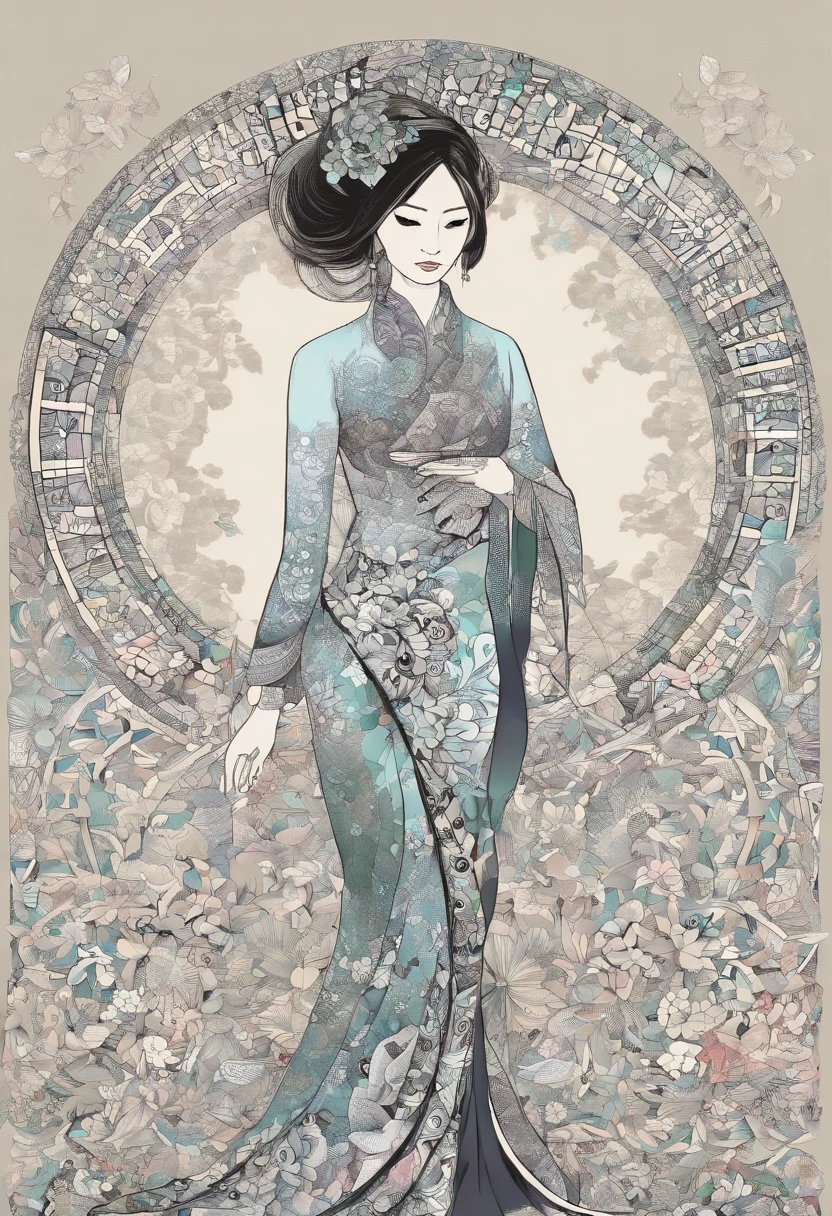 Young woman standing in tight-fitting traditional Vietnamese áo dài, (Ansicht von der Seite: 1.3), (Offizielle Kunst, beautiful and aesthetic:1.2), (1girls:1.3),(Fraktale Kunst:1.1),(Bunt:1.1)(Blumen:1.3),the highest detail,(Zentangle (Zentangle) (Zentangle (Zentangle)) (Zentangle (Zentangle) (Zentangle (Zentangle))) (Zentangle (Zentangle) (Zentangle (Zentangle)) (Zentangle (Zentangle) (Zentangle (Zentangle)))) (Zentangle (Zentangle) (Zentangle (Zentangle)) (Zentangle (Zentangle) (Zentangle (Zentangle))) (Zentangle (Zentangle) (Zentangle (Zentangle)) (Zentangle (Zentangle) (Zentangle (Zentangle))))):1.2), full entire body, (Abstrakter Hintergrund:1.3), (shinny skin), (viele Farben:1.4), ,(ohrringe), (Feder:1.5), farbiges Muster im Hintergrund, (kein Hut), (keine kopfbedeckung), viele farbige Blumenmuster,