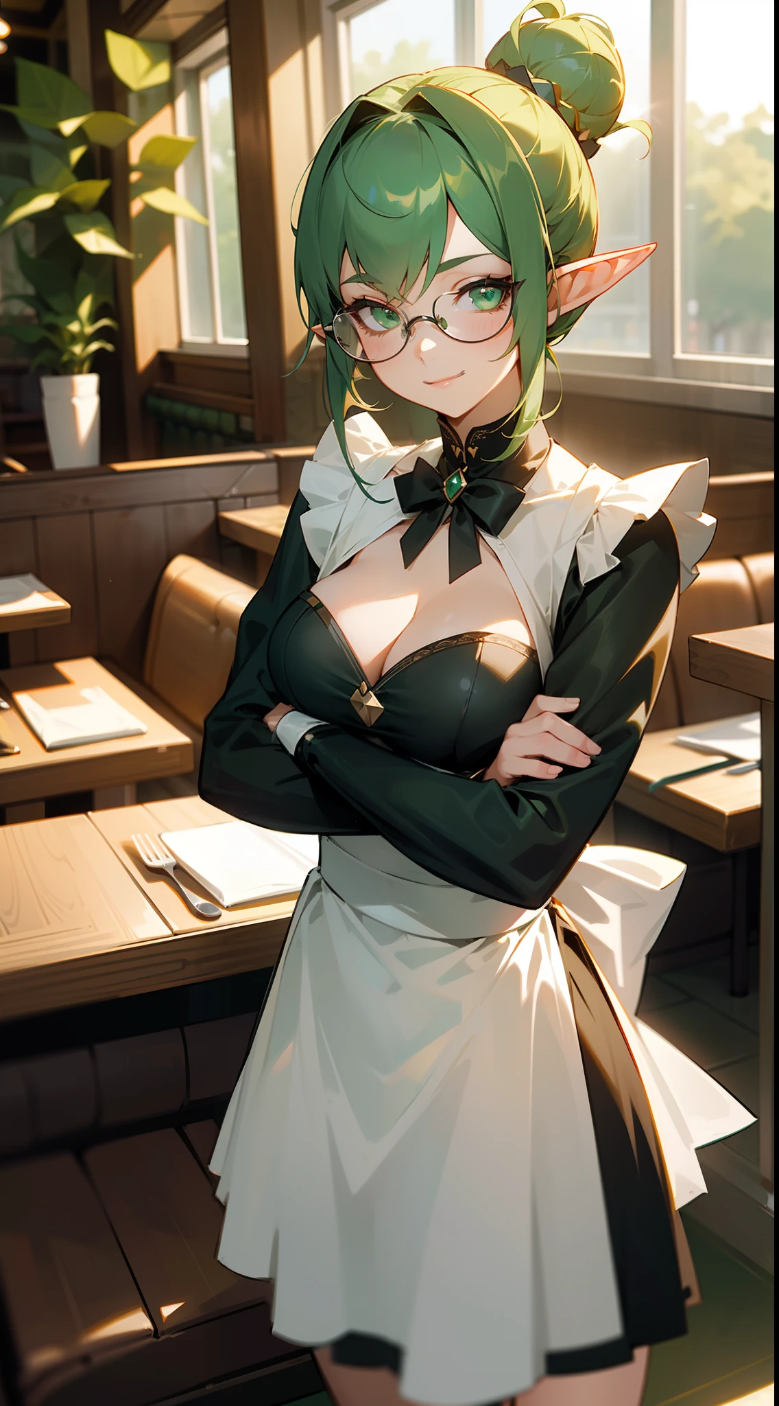 1girl,solo,mature female,smile,white and black maid outfit,cleavage,medium tits,glasses,elf ears,green hair,Hair bun,green eyes,(((standing in a restaurant,sunlight))),cowboy shot,crossed arms