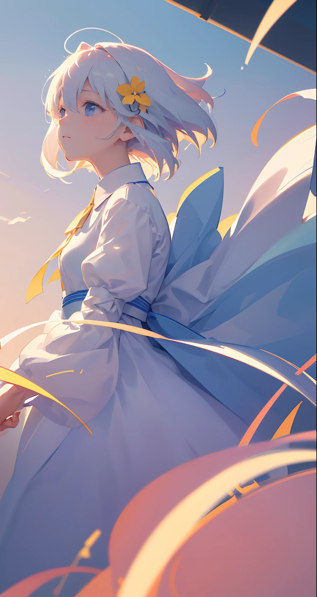 masterpiece、top-quality、Movie stills、One girl、floating in sky、Cloud Girl、(a closeup:1.1)、with light glowing、Happiness、A delightful、Soft lighting、(Bauhaus、form、Line、abstracted:1.1)、nigh sky、morning