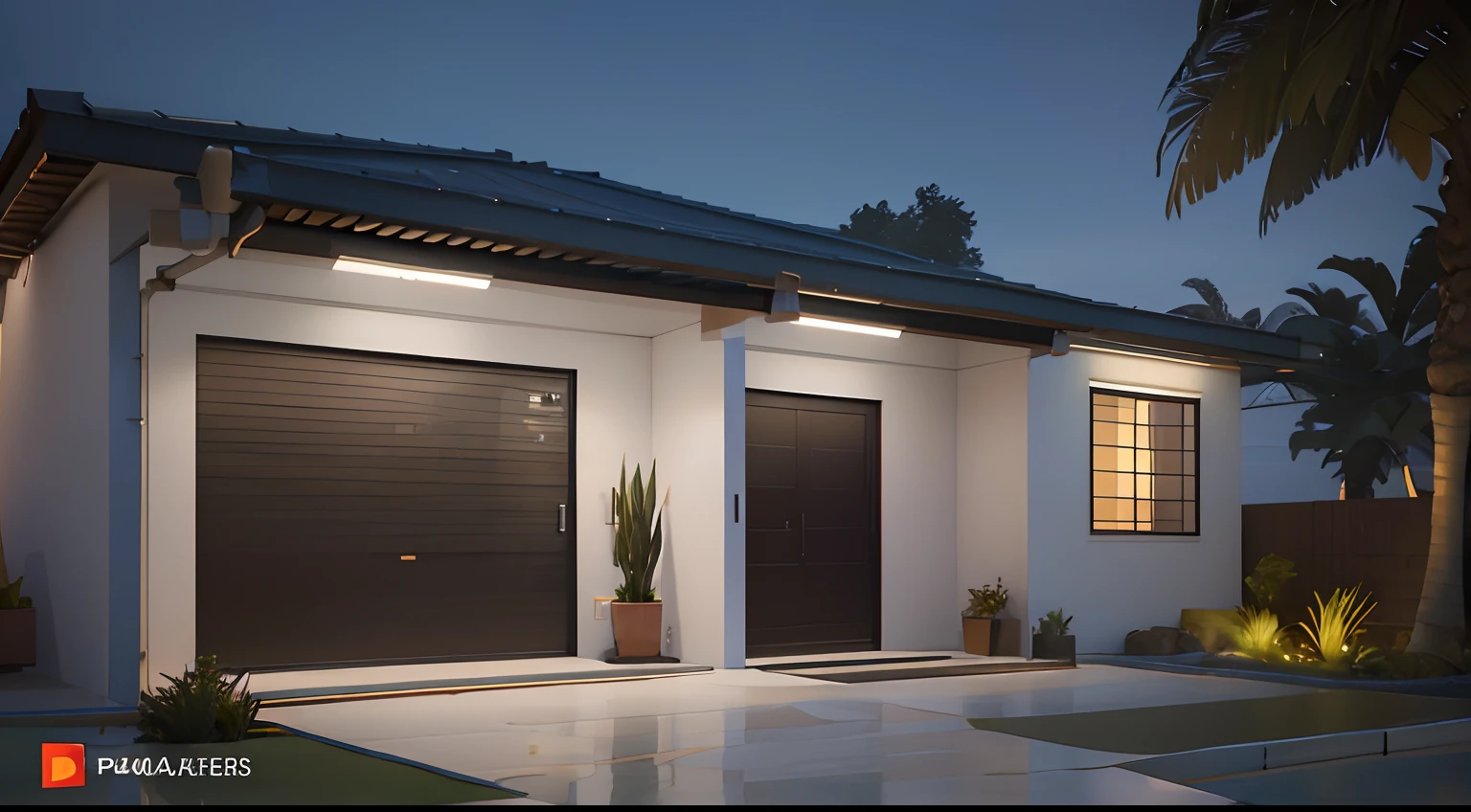There is a garage with a plant in the front yard, render 3d bem iluminado, night time render, cinematic outdoor lighting, 3 d render mesmo aceso, dramatic lighting render, cinematic night lighting, Modern setting, crisp smooth clean lines, with photorealistic lighting, high-quality render, dynamic and atmospheric lighting, architectural visualisation, cinematic accent lighting, lighting dramatic