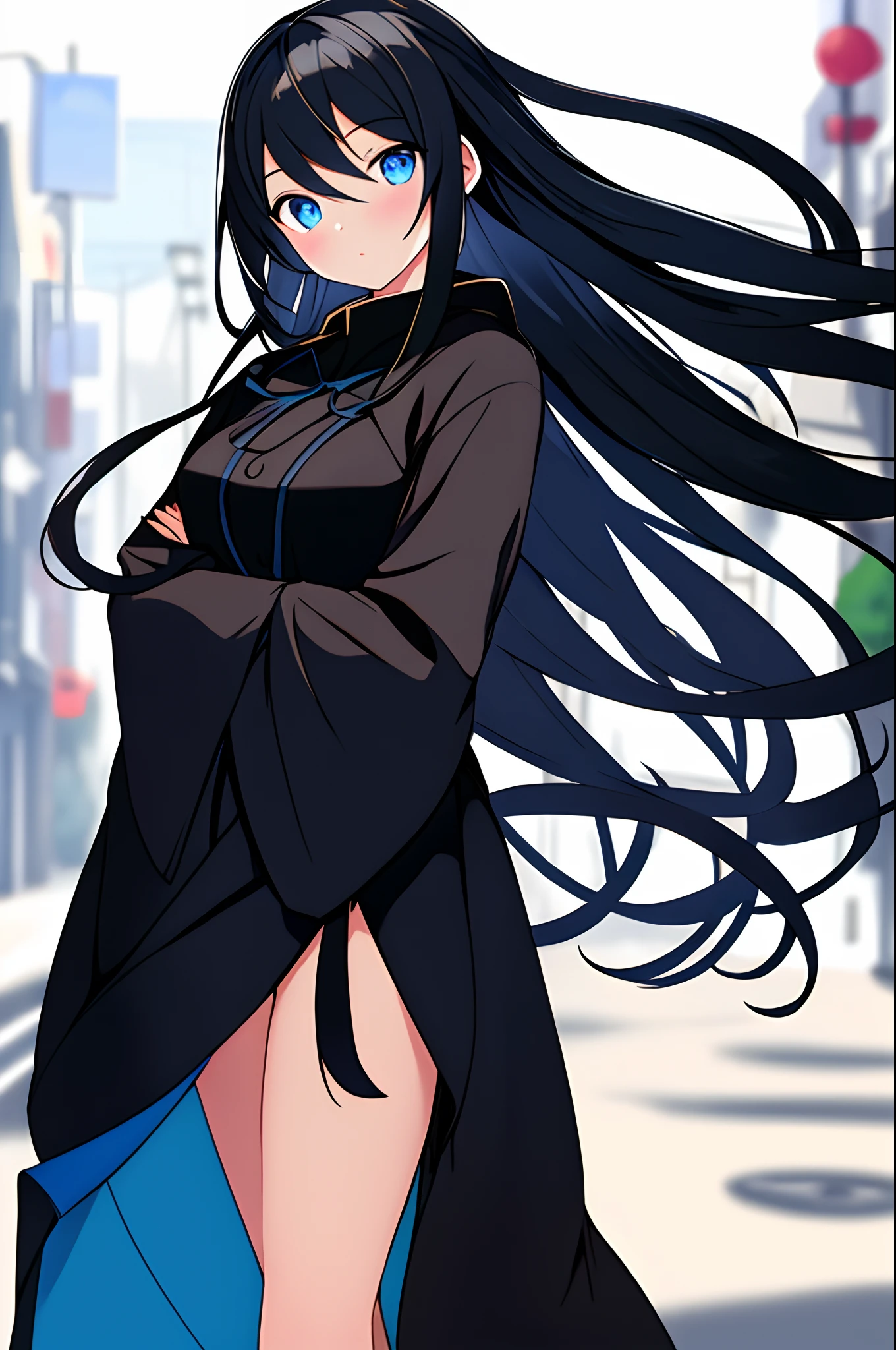 On a street, Backlit, 1 girl, Looking at the operator,full length in front of the camera, full length, deep blue eyes, gentle face, black robe reaching to the floor,long sleeves, dark black long hair