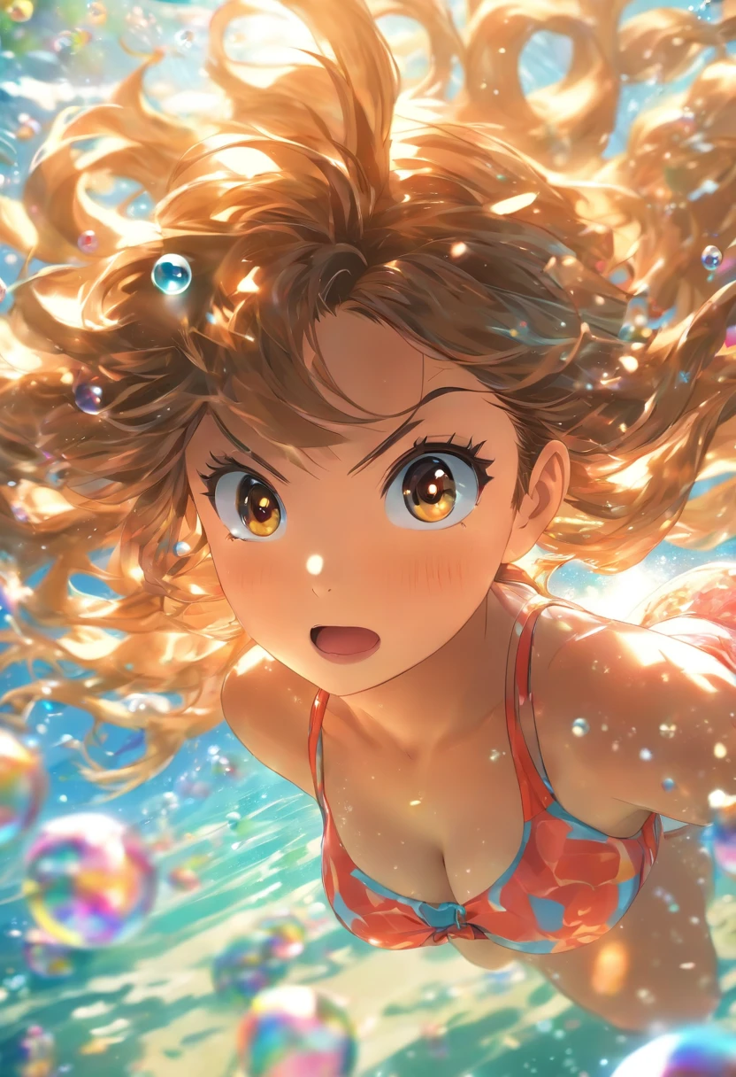 (best quality:1.2, ultra-detailed, realistic:1.37), perspective distortion, depth of field, masterpiece, 1 girl, light brown hair, hazel eyes, flowing long hair, underwater, bubbles, solo performance, viewfinder, school swimsuit, wearing swimsuit, dappled sunlight
