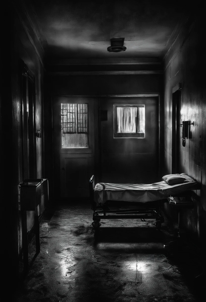 A Photograph depicts a doctor navigating a dimly lit hospital ward during the dead of night, casting eerie shadows that blend with the flickering fluorescent lights. With an atmosphere dripping in tension, capture the chilling solitude of the doctor as they confront the dark and sinister secrets hidden within the sterile walls.