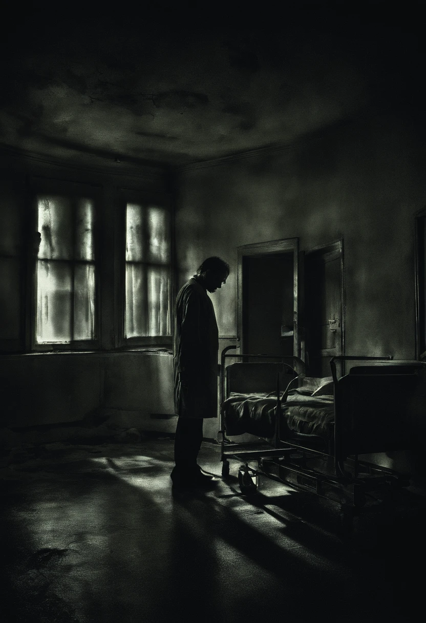 A Photograph depicts a doctor navigating a dimly lit hospital ward during the dead of night, casting eerie shadows that blend with the flickering fluorescent lights. With an atmosphere dripping in tension, capture the chilling solitude of the doctor as they confront the dark and sinister secrets hidden within the sterile walls.