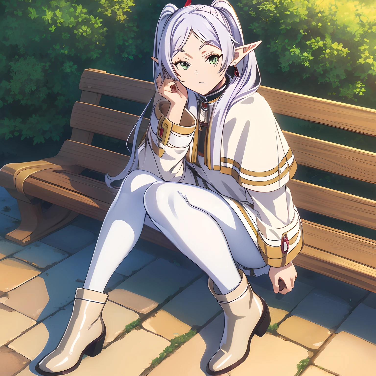 ((masutepiece)), (Best Quality), hight resolution, Ultra-detailed,
1girl in, earrings, elf, Long hair, Long sleeves, pointy ear, Solo, Twin-tailed, Green eyes, earrings, White hair, Looking at Viewer,
white capelet, long boots, Brown Footwear, ((Black pantyhose)),