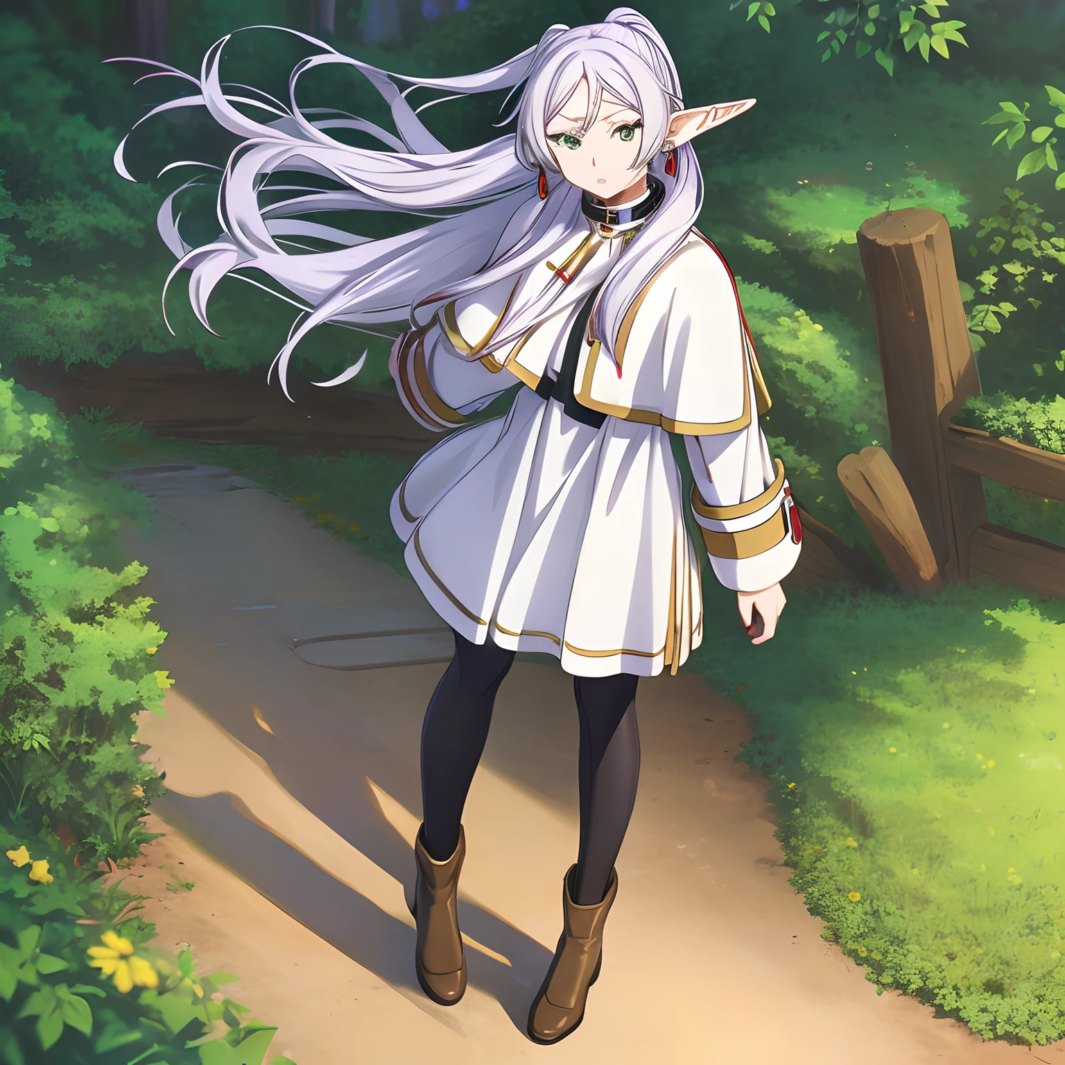 ((masutepiece)), (Best Quality), hight resolution, Ultra-detailed,
1girl in, earrings, elf, Long hair, Long sleeves, pointy ear, Solo, Twin-tailed, Green eyes, earrings, White hair, Looking at Viewer,
white capelet, long boots, Brown Footwear, ((Black pantyhose)),