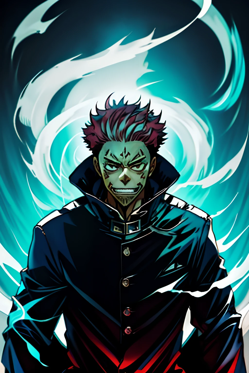 ' Create a visually stunning and badass wallpaper featuring (("Sukuna from Jujutsu Kaisen")). Sukuna should be depicted in a menacing and dominant pose, showcasing his fearsome cursed energy. The background should be a chaotic display of his malevolent power, with cursed symbols and dark energy swirling around him. Ensure the image is visually appealing and captures the essence of Sukuna's formidable character.