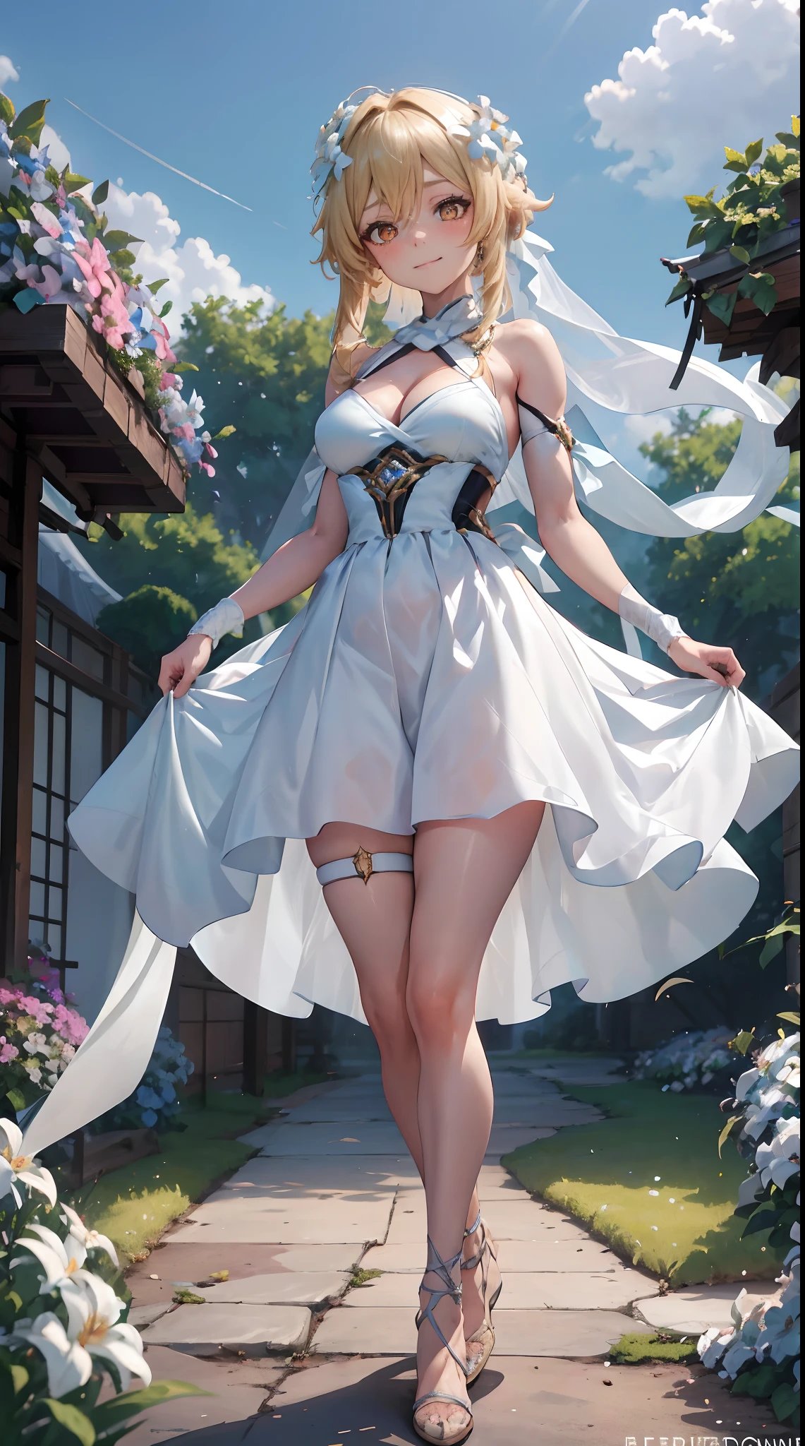 Lumine | genshin impact, master-piece, bestquality, 1girls,25 years old, proportional body, proportional., Wedding Dresses, White Wedding Dress, Long skirt, wedding, mediuml breasts, ,bara, Standing in the middle of a flower garden, outdoor, wedding, The sky is beautiful, Both hands hold a bouquet of flowers.........., View viewers from the front., Thigh strap, Head tilt, bored, 10, 10, HD, slight smile,