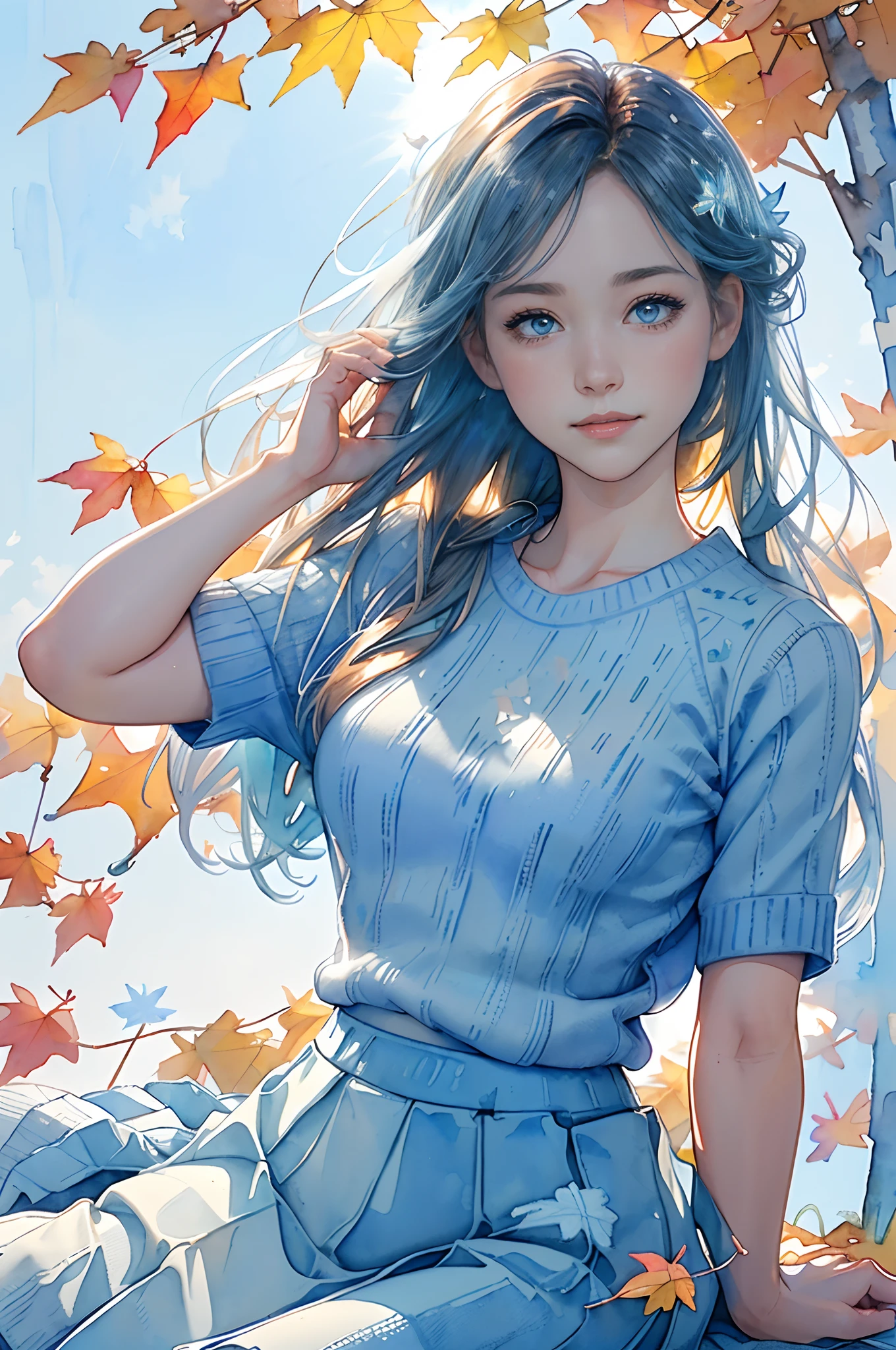 8K,masterpiece,top-quality, (From the top:1.6) ,(close up:1.1),Dynamic Pose,Hands up,30-year-old woman with,Portrait, light, Long hair, ssmile, watercolor paiting \(Medium\),watercolor paiting,(Plain short sleeve light blue sweater:1.3),(Plain white long skirt:1.3),(Autumn leaves flutter:1.3)