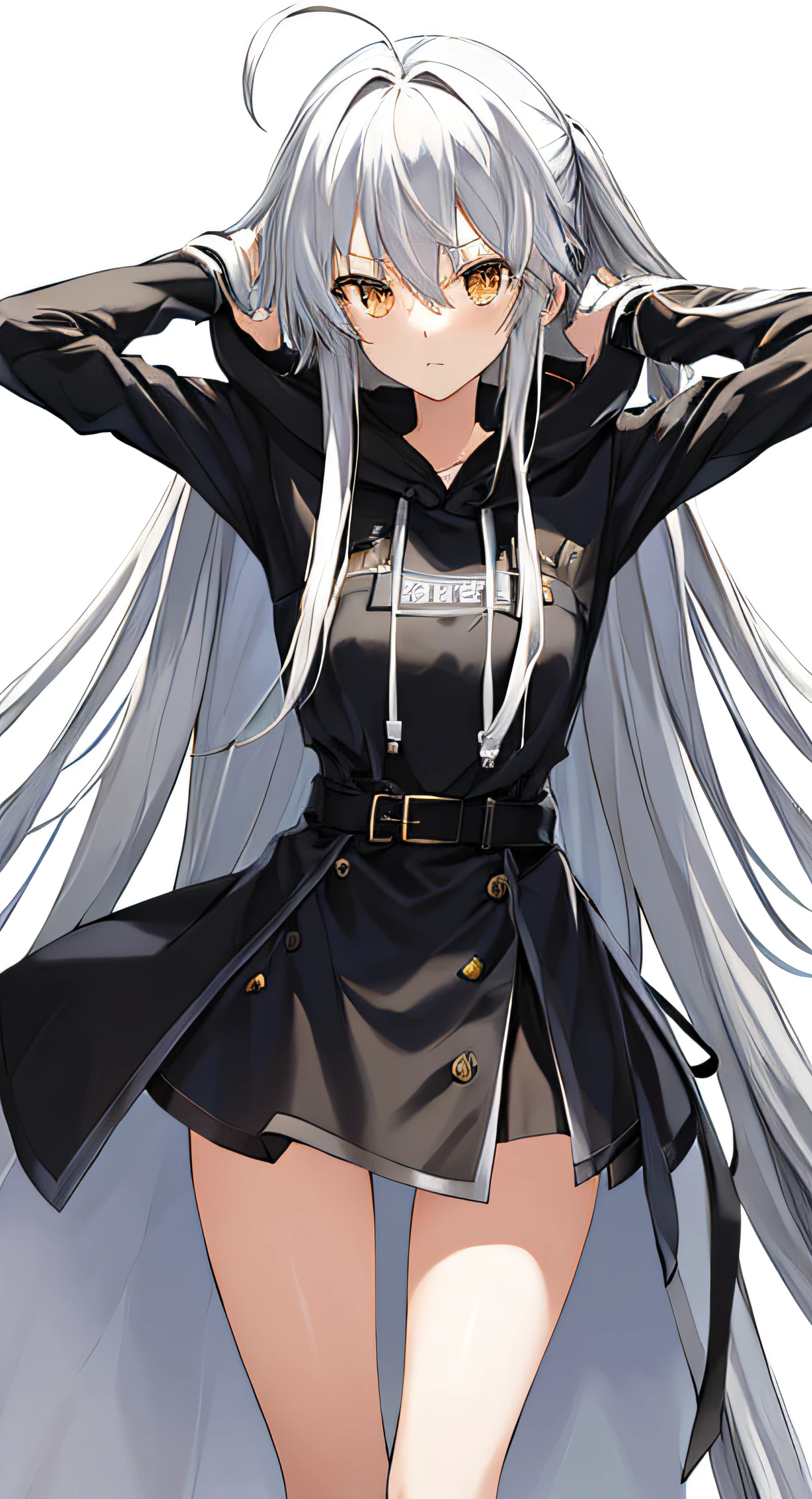 guilty gear, guilty gear, guilty gear, cowboy_shot, from_behind, sitting, girl,woman,female, young,20 years old, very long hair, flipped hair, white and silver hair, hair fluttering in the wind, ahoge, Beautiful face, xd, beautiful and delicate golden eyes, medium_breasts, white skin, coat, hoodie, skirt, knee_boots, hood_down, thigh_gap, black Clothes, transparent_background, transparent_background, transparent_background, backlighting, absurdres, highres, very precise detailed,