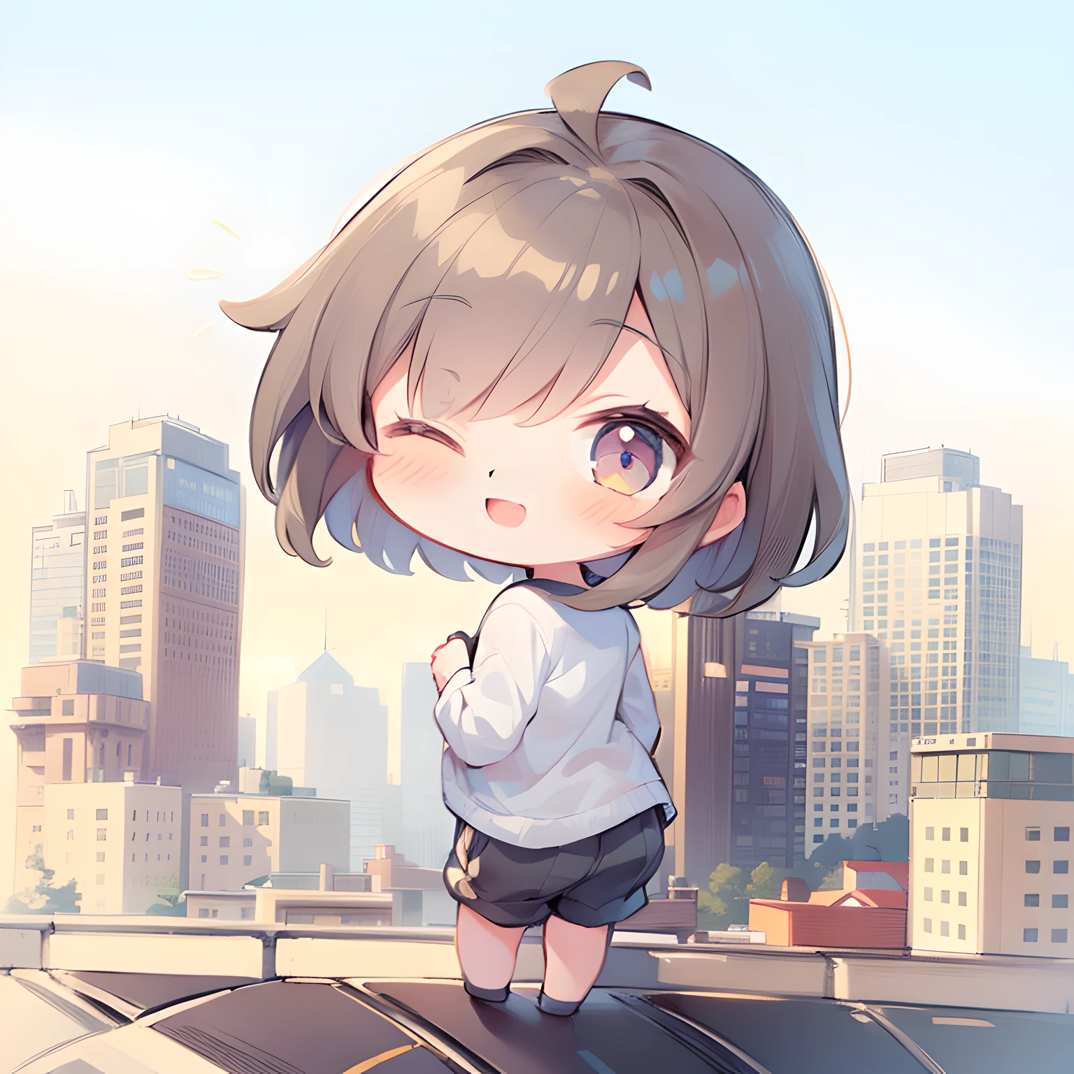 (((masterpiece))), best quality, extremely detailed, (casual:1.4), (((a girl))), (((solo))), happy, full body, (((from back))), (((wink))), ahoge, (((deformed))), (((chibi character))), (((city background))),