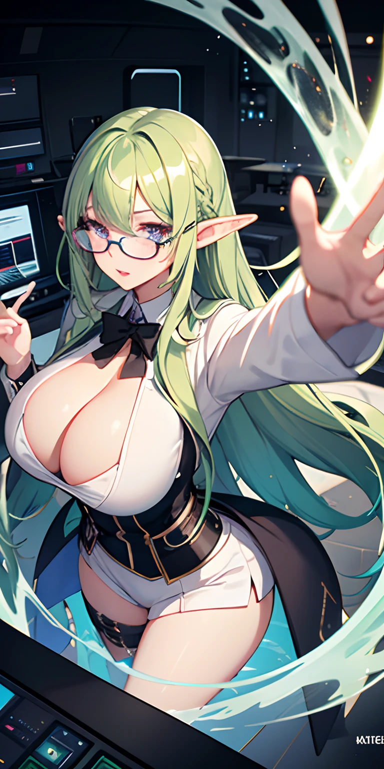 1women, solo, huge tits, elf, blonde green hair, violet eyes, cool face, round glasses, white lab coat, black short akirt, white business shirt, nectie, at laboratorium, half body,