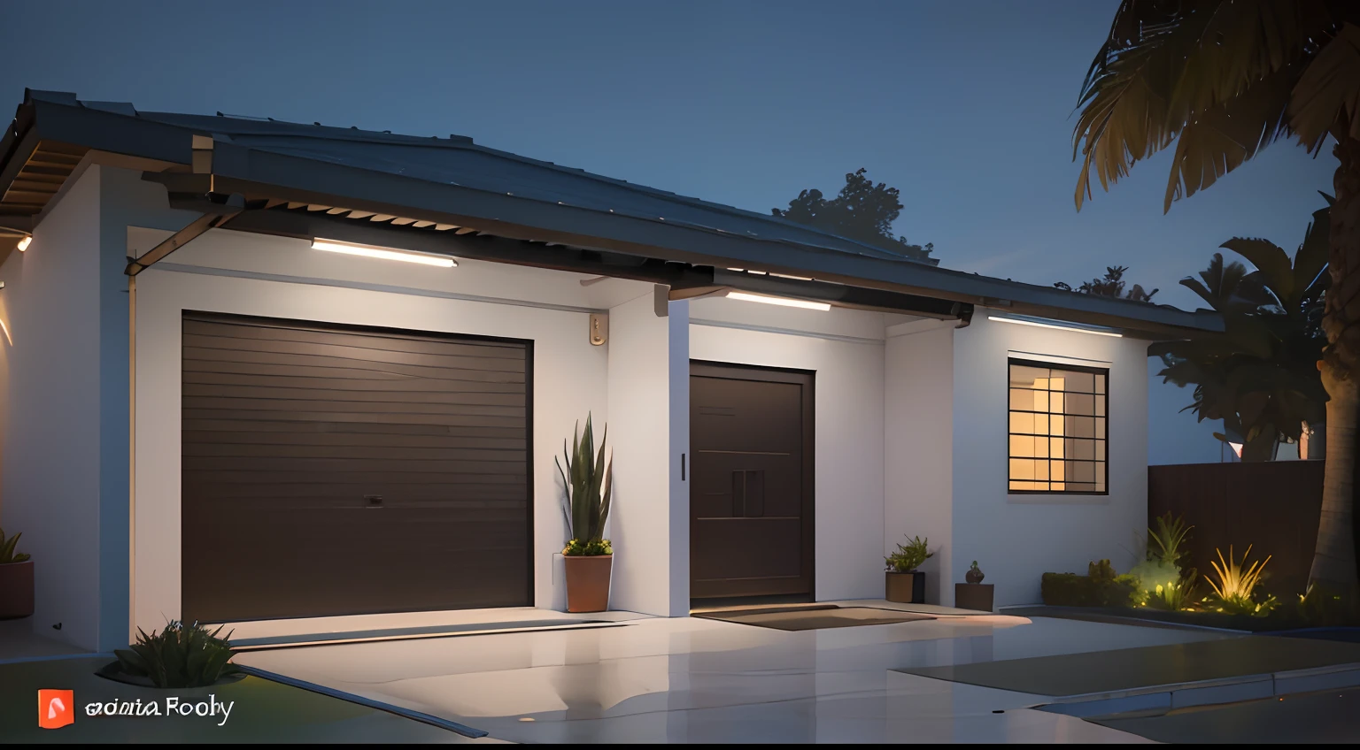 There is a garage with a plant in the front yard, render 3d bem iluminado, night time render, cinematic outdoor lighting, 3 d render mesmo aceso, dramatic lighting render, cinematic night lighting, Modern setting, crisp smooth clean lines, with photorealistic lighting, high-quality render, dynamic and atmospheric lighting, architectural visualisation, cinematic accent lighting, lighting dramatic