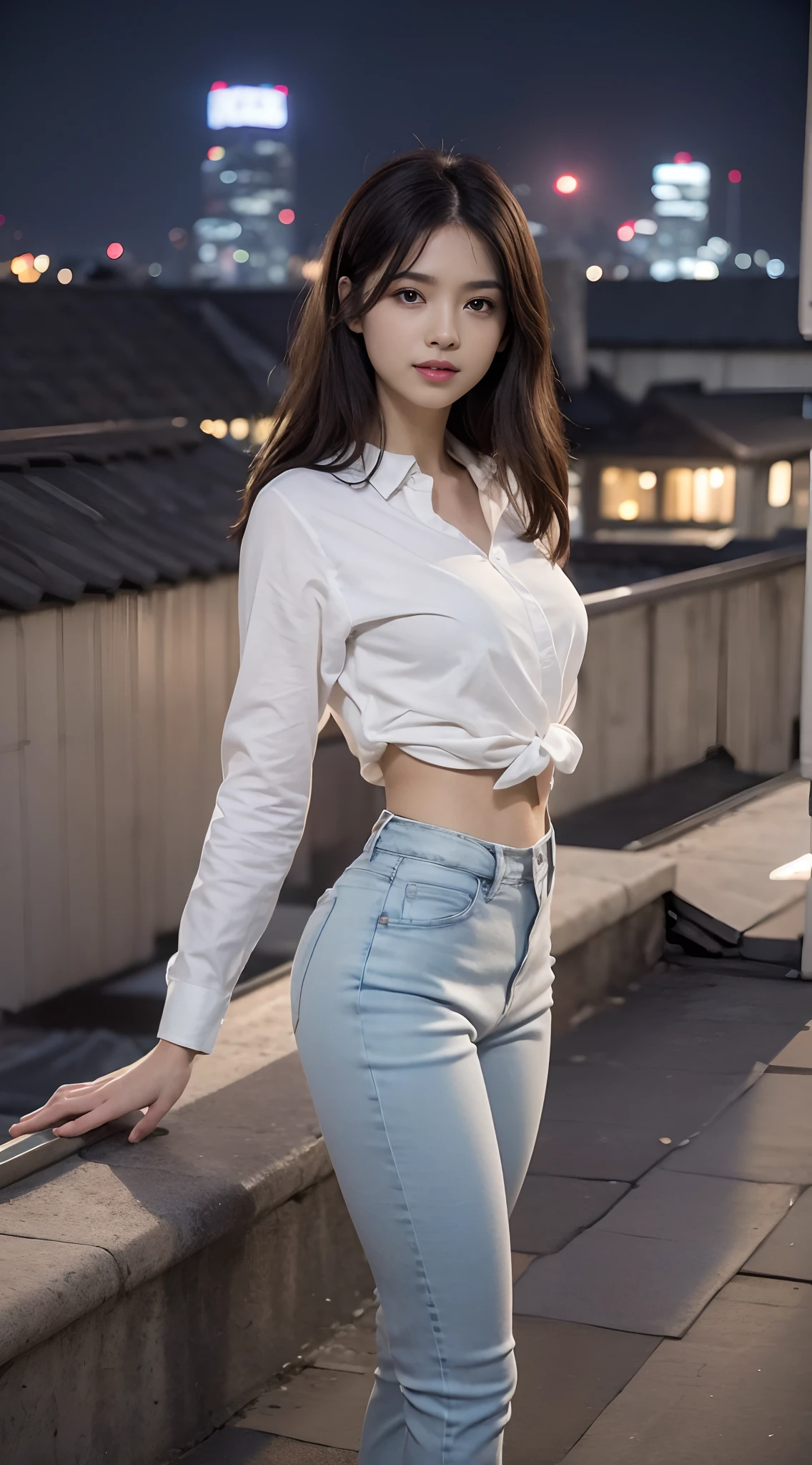 ((midynight, Need, 8K, tmasterpiece:1.3)), full bodyesbian, Thin legs, Focalors:1.2, (Skinny and small,Height one meter five)big breasts beautiful()girlfriend:1.4, Slim abs:1.1, ((hair straight,Dark brown hair, Medium-sized breasts:1.2 )), (Stylish white loose shirt,The hem flutters, Stylish little flared jeans, standing on your feet:1.2), ((city night scene, the roof:1.3)), Highly detailed facial and skin texture, A detailed eye, Single Eyelids,Smile showing teeth,Super nice looking,Fair and well-proportioned legs,Lengthened jeans,Wear sandals,Reveals tender white toes,Shoot from all angles,Show off your slender waist and beautiful hips,Pose sexy seduction,fully body photo