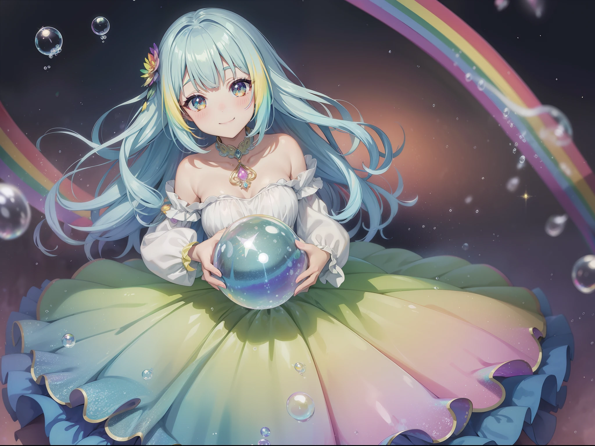 masutepiece, Best Quality, Intricate details, Beautiful Girl, Sparkling eyes, adorable smiling、Otherworldly liquid fantasia background, watercolor paiting, bright vivid colors, capricious, Colorful, Layered Tiered Puffy Long Sleeve Ball Gown, ((iridescent rainbow bubbles))
