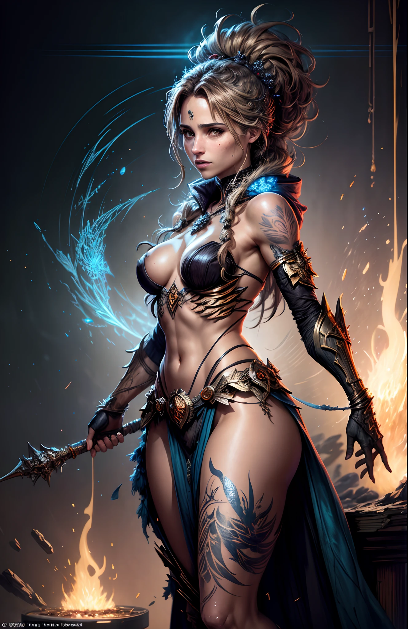 (Alicia Vikander:Elsa pataky), powerful sorceress,tribal tattoo, messy hair, Full body, Beautiful anime waifu style girl,hyperdetailed painting, luminism, art by Carne Griffiths and Wadim Kashin concept art, dark background, abstract beauty, approaching perfection, pure form, golden ratio, minimalistic, dark atmosphere, unfinished, concept art, by Brian Froud and Carne Griffiths and Wadim Kashin and John William Waterhouse, intricate details, 8k post production, high resolution, hyperdetailed, trending on artstation, sharp focus, studio photo, intricate details, highly detailed, by greg rutkowski