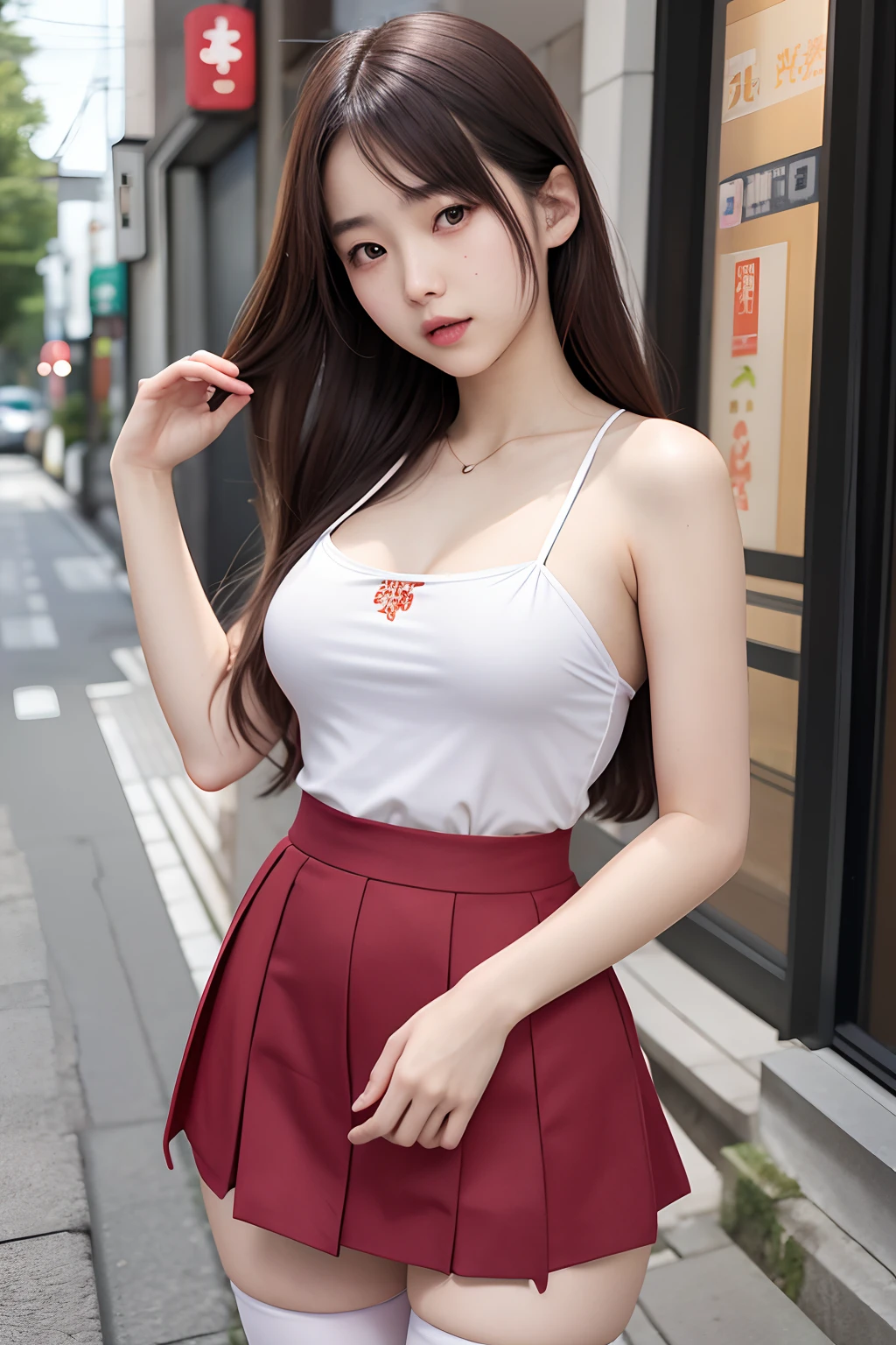 a beautiful 17yo japan girls, look at viewer, spaghetti strap top, high waist mini skirt , thighhighs, realistic, best quality, hires, detailed face,