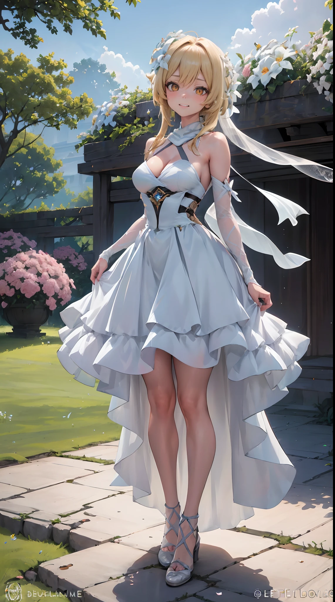 Lumine | genshin impact, master-piece, bestquality, 1girls,25 years old, proportional body, proportional., Wedding Dresses, White Wedding Dress, Long skirt, wedding, mediuml breasts, ,bara, Standing in the middle of a flower garden, outdoor, wedding, The sky is beautiful, Both hands hold a bouquet of flowers.........., View viewers from the front., Thigh strap, Head tilt, bored, 10, 10, HD, slight smile,