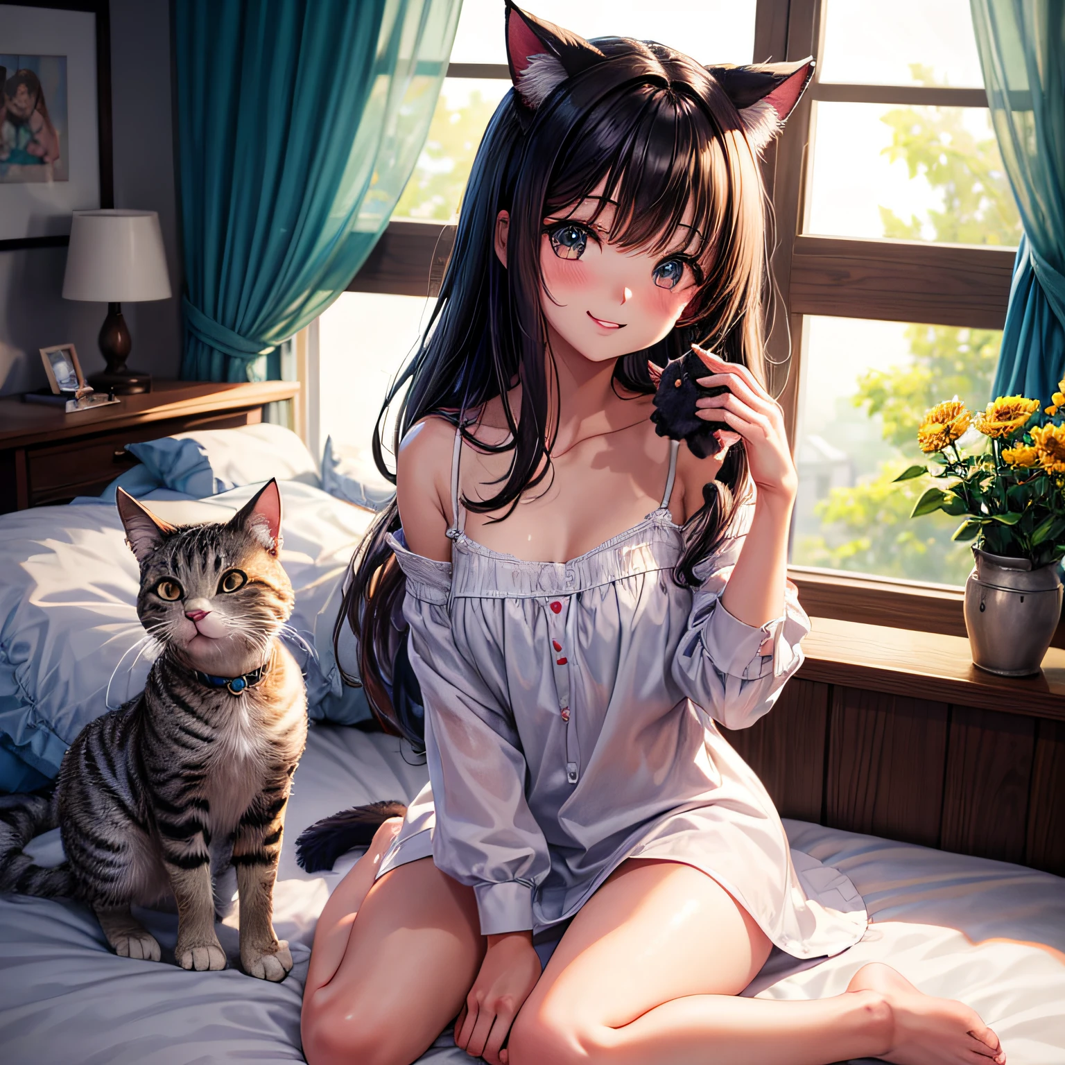 Cute girl sitting on bed with pet cat, cute, kawaii, garota adolescente muito fofa, pele lisa, pela branca, 4K HDR, garota com sorriso, rosy lips, garotinha muito fofa, muita qualidade, garota de olhos azuis, cabelo preto