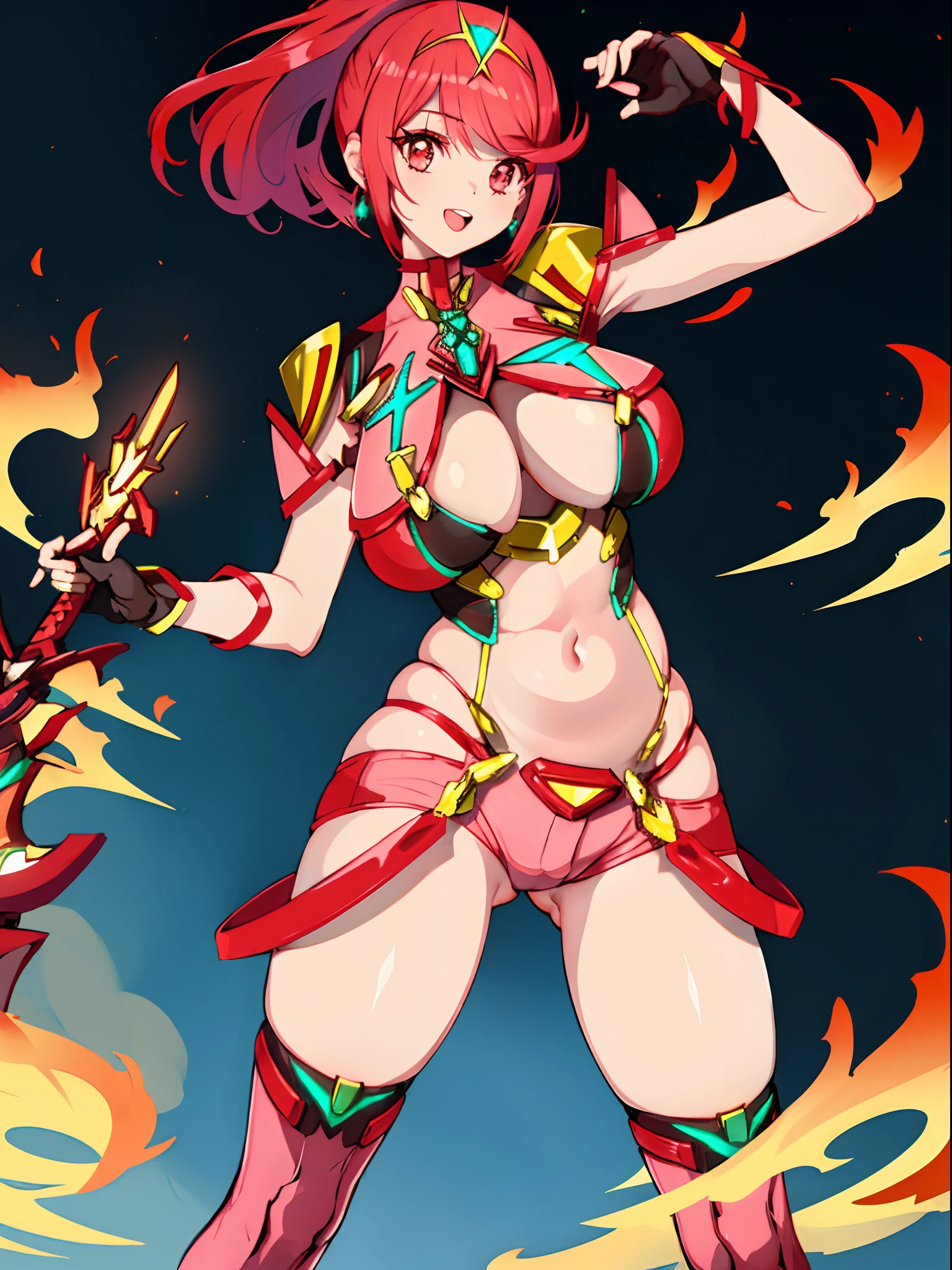 pyra \(xenoblade\), teen_1girl, loli, bangs, black gloves, breasts, red eyes, shout, earrings, eyelashes, fingerless gloves, floating hair, , gem, gloves, hair ornament, headpiece, jewelry, gigantic_breasts, leaning back, swimsuit, neon trim, official art, pose, red hair, saitou masatsugu, short hair, sidelocks, skin tight, solo, swept bangs, thighhighs, tiara, fantasy_town_background, underbust, xenoblade chronicles \(series\), (xenoblade chronicles 2), (spread_legs:1.1), fire_effect,dynamic_pose,fighting,light_smile, (plump:1.1), big_ass,huge_sword, hold_large_sword_hilt, covered_nipples, covered_pussy, fists,ponytail,beautiful_fingers,(solo:1.1), bare_shoulder,(shoulder_naked:1.2), nipple_jewel,back, back_view, focus_ass,ass, (very_short＿shorts:1.3),(lise_leg:1.4)