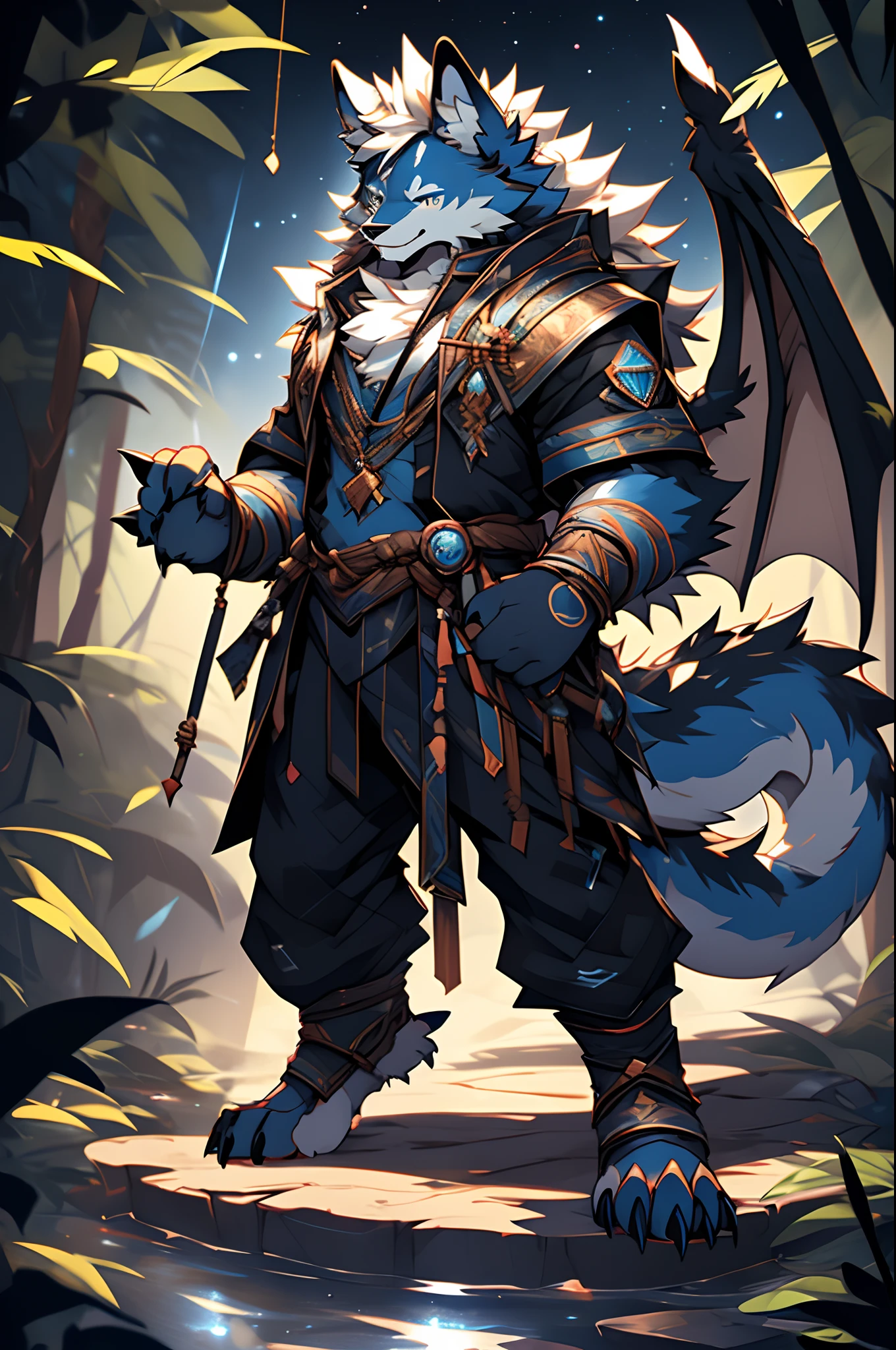 Two characters,Sirius A and Sirius B,Dragon Man,,Furry wolf-like head, Fluffy hair, furry pelt, A pair of wings, Chemical and biological weapons, Gold stripes, Sharp claws, Liquid drips from the lower body, In a dense forest, Dark night, starrysky, ,Incredibly handsome, Cute paw pads, Fluffy fur, Incredibly fluffy fur, Chemical and biological weapons, Gold stripes, Dark night, Starry sky, Irresistibly cute, A charming smile, Extremely handsome, Cute paw pads, Stretch your palms) (Best quality, 4K, High-res, Masterpiece:1.2), Ultra-detailed, (Realistic, Photorealistic, photo-realistic:1.37), sportrait, Full body like