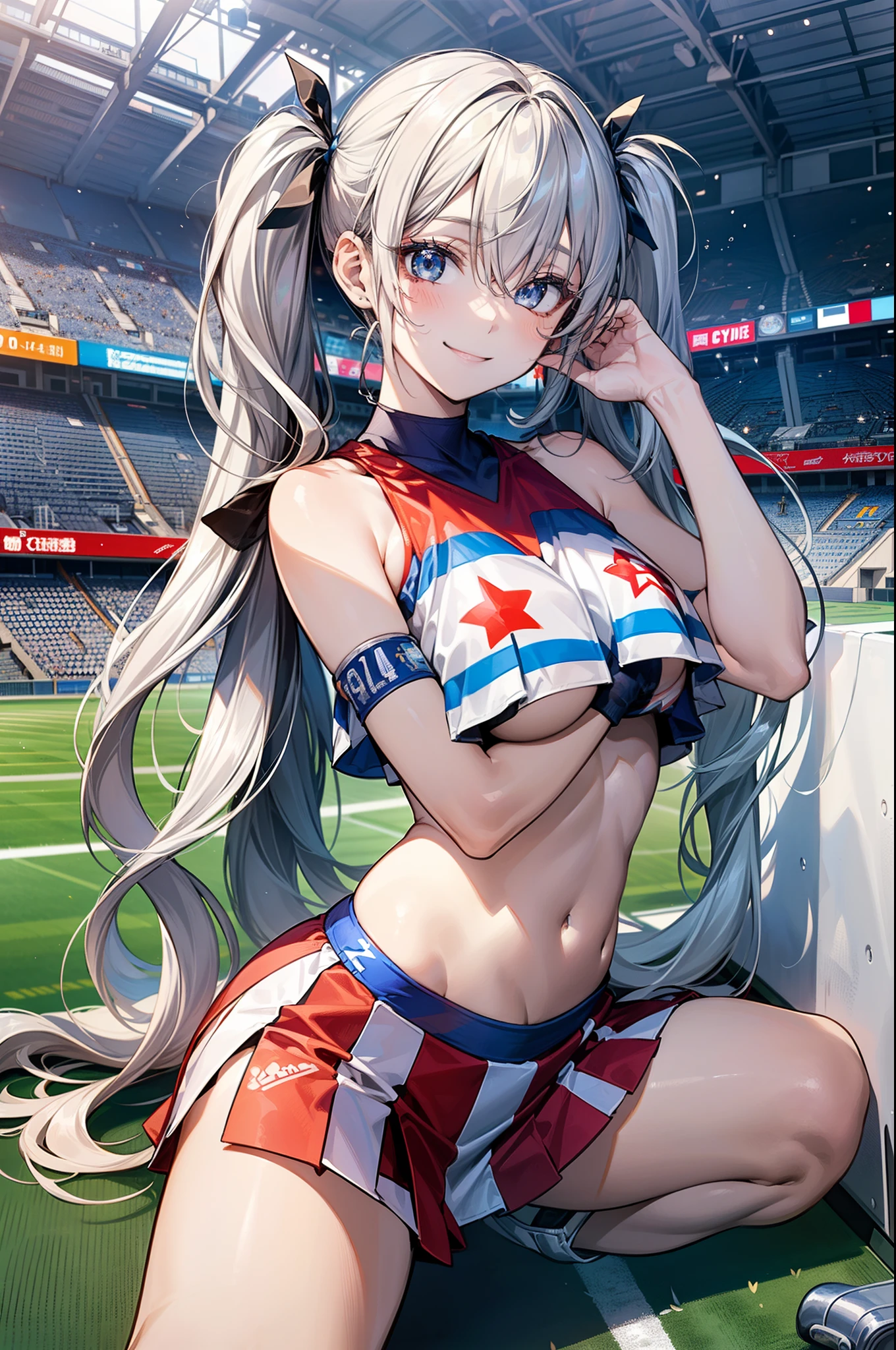 1 girl, japanese, 14 years old, white skin, medium chest, , watching the view, (adorable smiling:1.5), 
beautiful detailed eyes, blue eyes, (long hair:1.4, bangs, hair between eye, twintail:1.7), (navel:1.1), silver hair, 
beautiful hair, beautiful clavicle, beautiful underboob, beautiful thighs,
(current cheerleader style:1.4), (spread legs, kneeling),
(beautiful scenery), day time, (stadium:1.5), 
(8k, top-quality, masterpiece​), beautiful illustration, cowboy shot, movie lighting,
